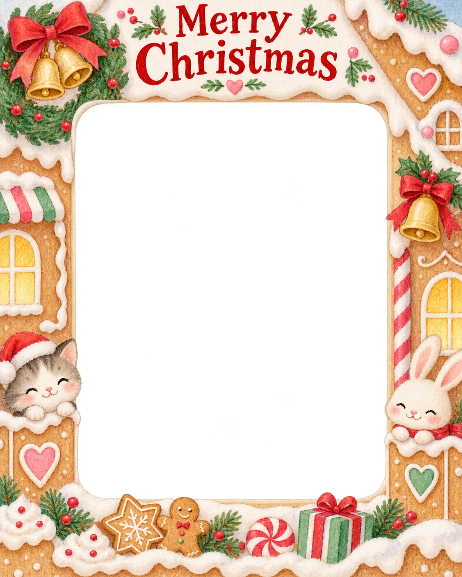 リースとベルの家族・兄弟姉妹のクリスマス写真フレーム｜お菓子の家でお祝い・無料イラスト 99877に写真・文字を入れる