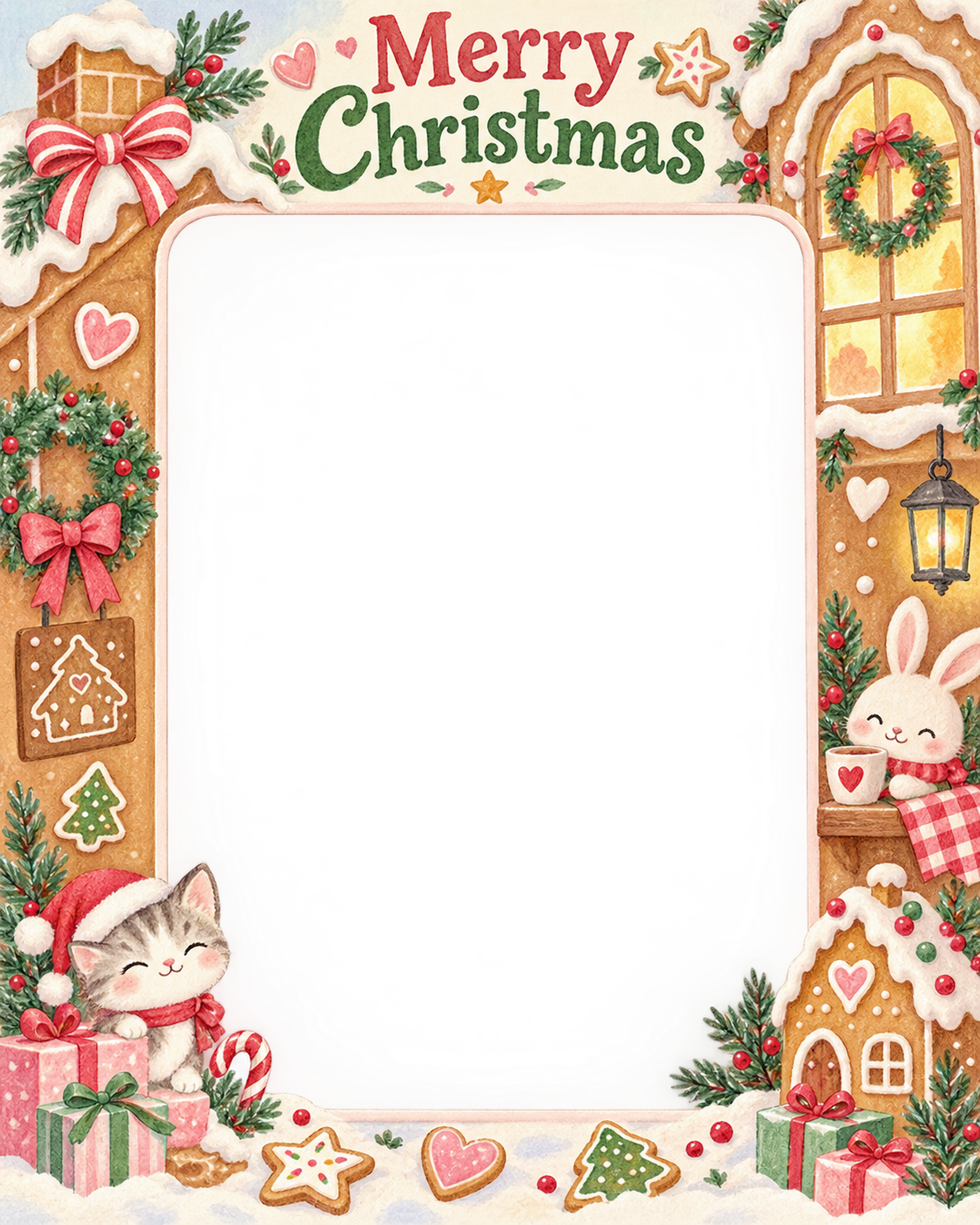 暖かな窓辺の家族・兄弟姉妹のクリスマス写真フレーム｜お菓子の家でお祝い・無料イラスト 99879に写真・文字を入れる