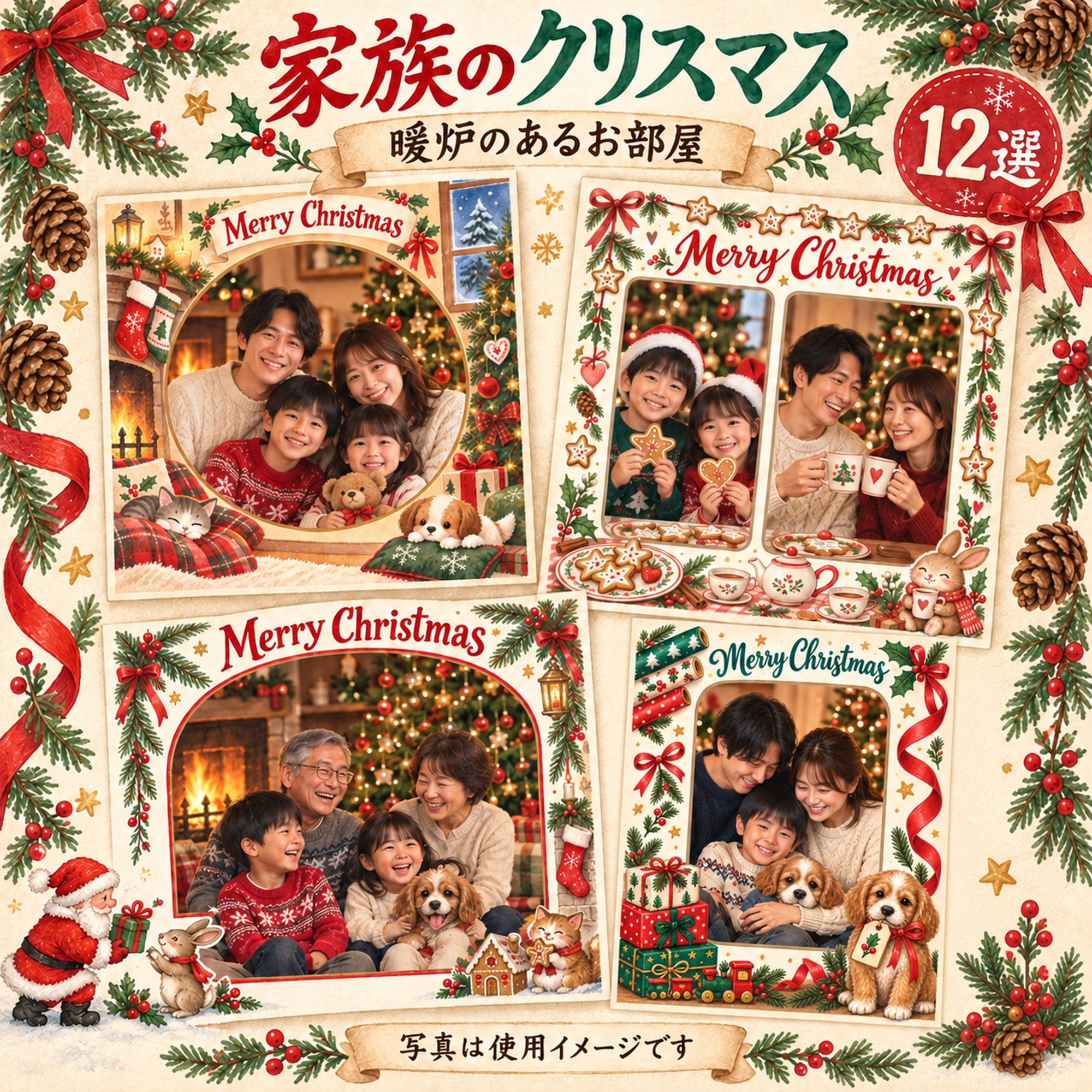 家族・兄弟姉妹のクリスマス写真フレーム12選｜暖炉のあるお部屋の無料イラスト素材 99880に写真・文字を入れる