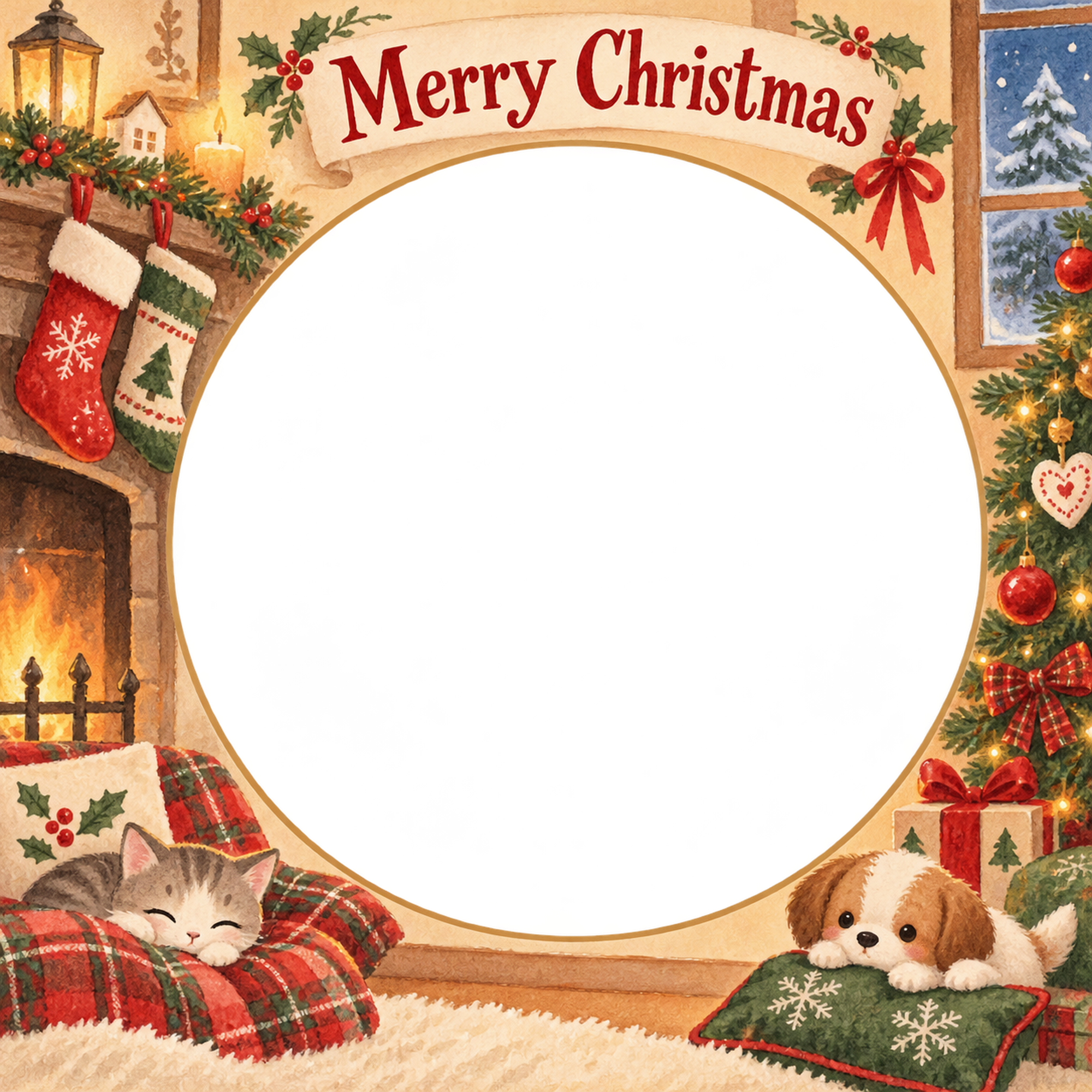 くつしたの飾りの家族・兄弟姉妹のクリスマス写真フレーム｜暖炉のあるお部屋・無料イラスト 99881に写真・文字を入れる
