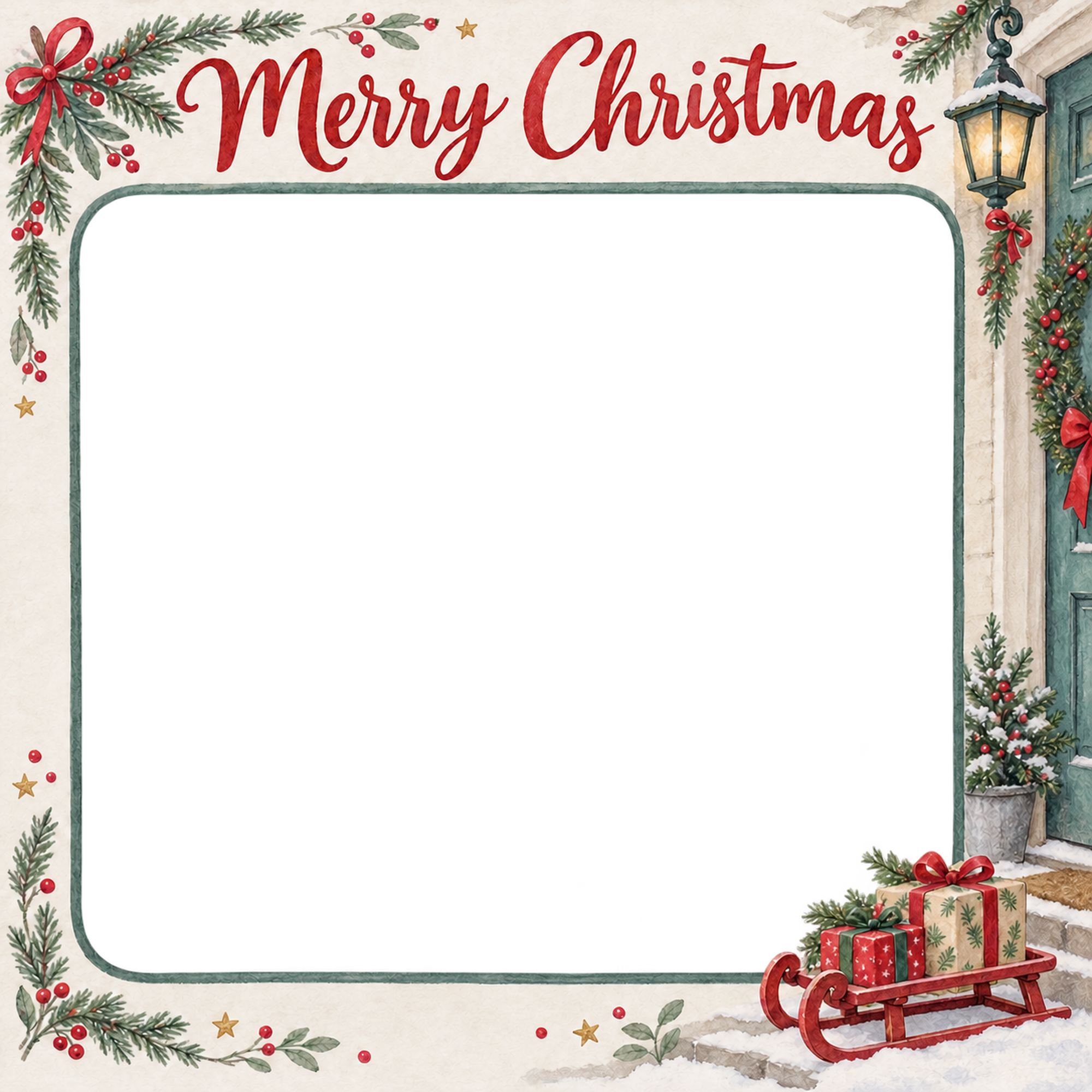 赤いそりの家族・兄弟姉妹のクリスマス写真フレーム｜暖炉のあるお部屋・無料イラスト 99883に写真・文字を入れる