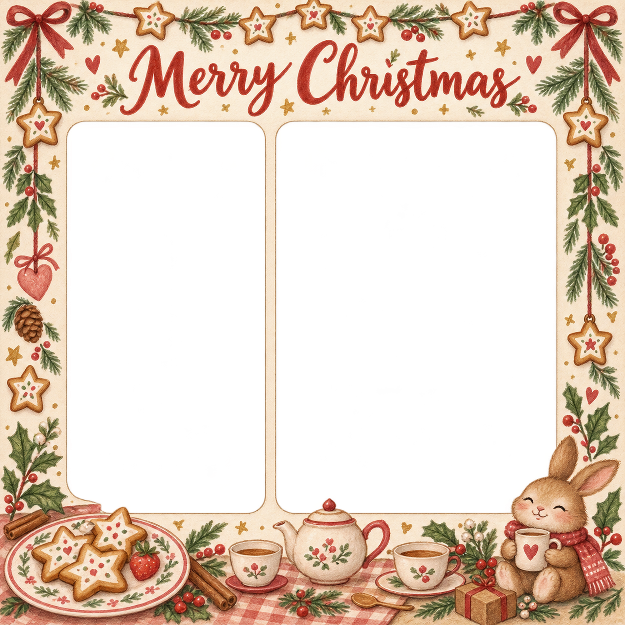 クッキーの星の家族・兄弟姉妹のクリスマス写真フレーム｜暖炉のあるお部屋・無料イラスト 99884に写真・文字を入れる
