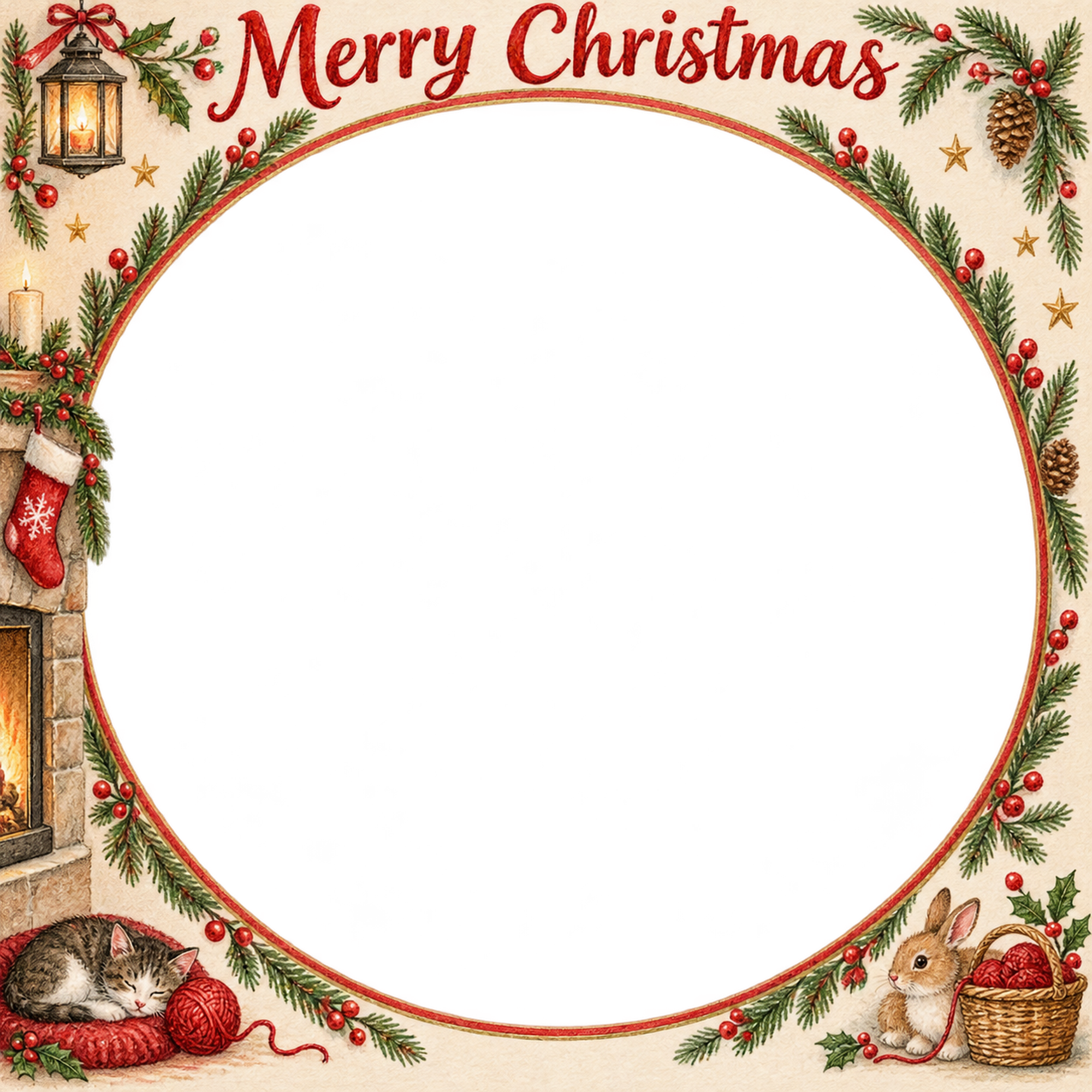 ランタンと毛糸の家族・兄弟姉妹のクリスマス写真フレーム｜暖炉のあるお部屋・無料イラスト 99885に写真・文字を入れる