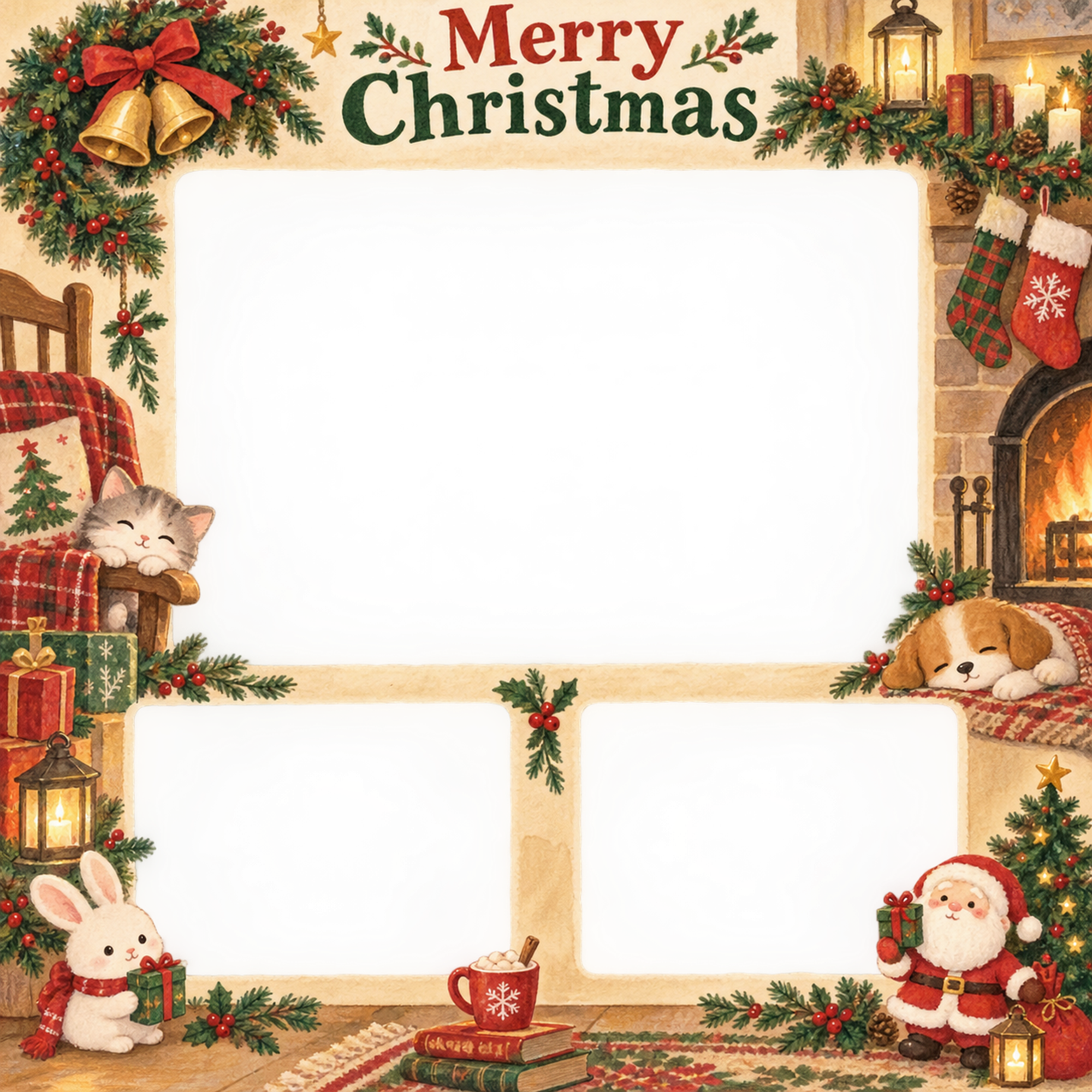 リースとベルの家族・兄弟姉妹のクリスマス写真フレーム｜暖炉のあるお部屋・無料イラスト 99887に写真・文字を入れる