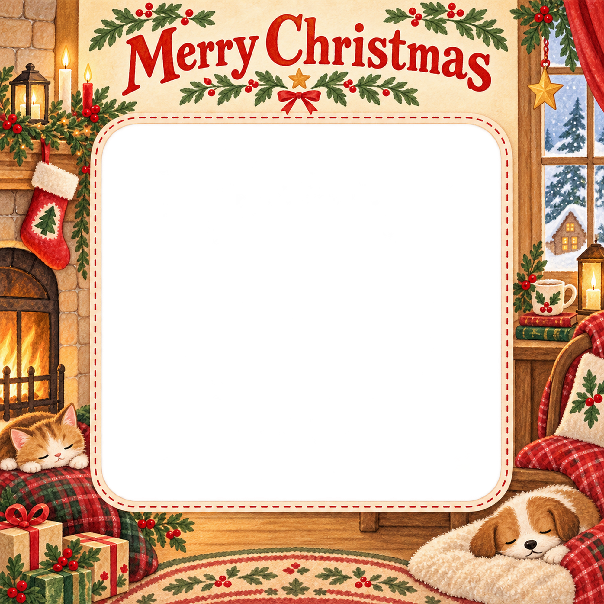 暖かな窓辺の家族・兄弟姉妹のクリスマス写真フレーム｜暖炉のあるお部屋・無料イラスト 99889に写真・文字を入れる