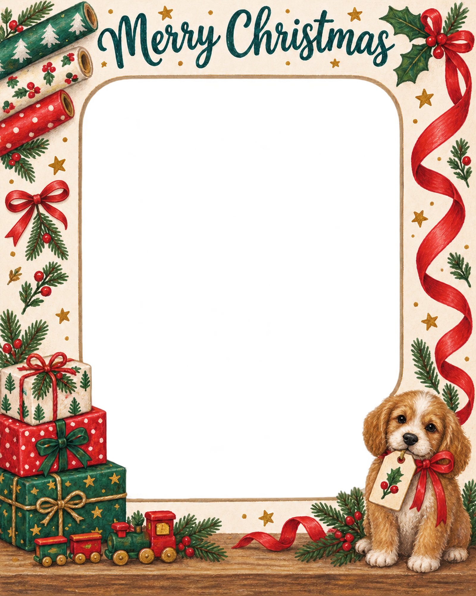 贈り物の山の家族・兄弟姉妹のクリスマス写真フレーム｜暖炉のあるお部屋・無料イラスト 99890に写真・文字を入れる