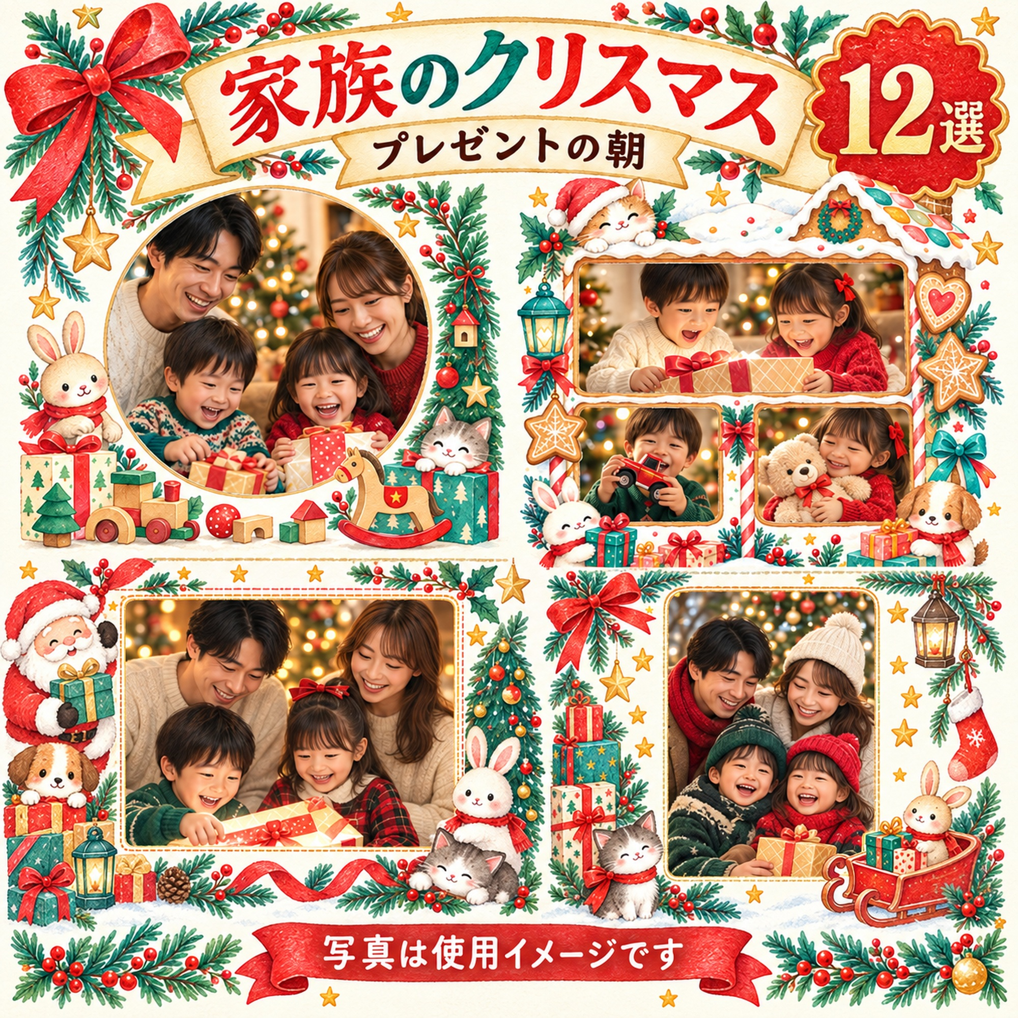 家族・兄弟姉妹のクリスマス写真フレーム12選｜プレゼントの朝の無料イラスト素材 99893に写真・文字を入れる
