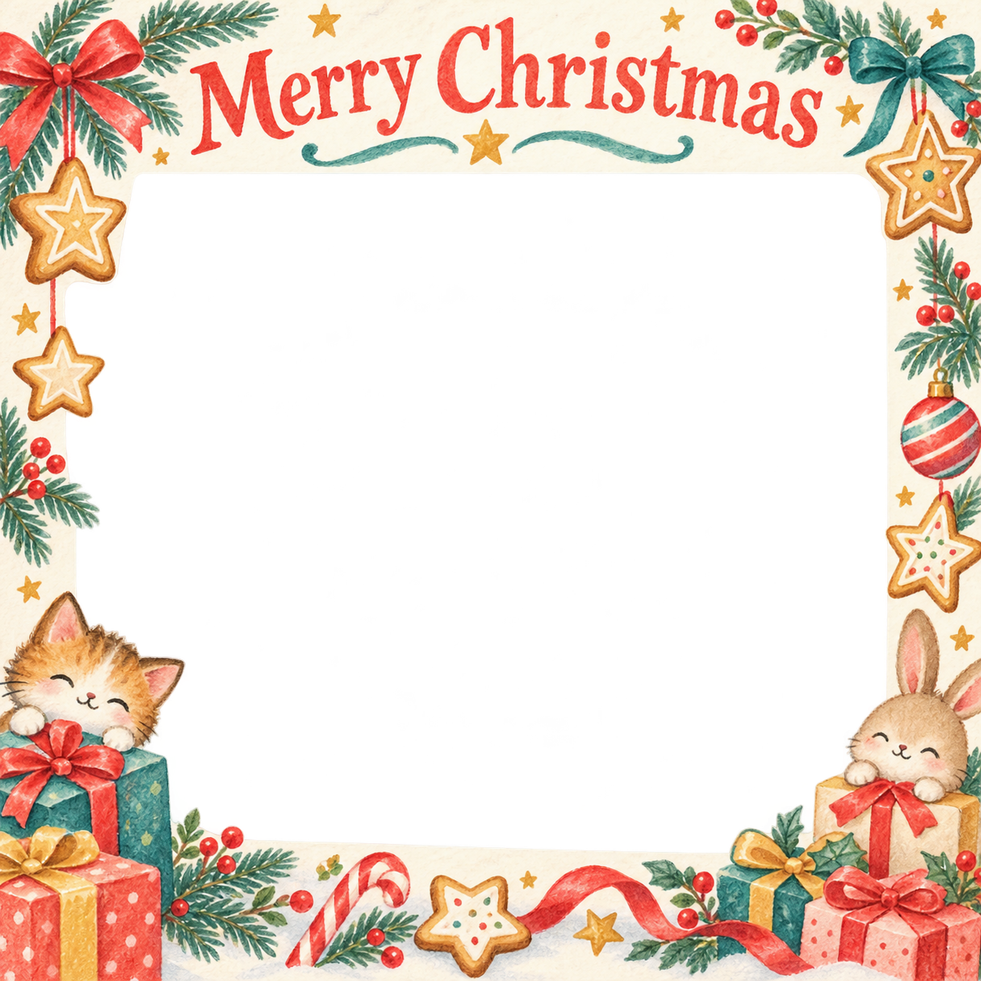 クッキーの星の家族・兄弟姉妹のクリスマス写真フレーム｜プレゼントの朝・無料イラスト 99894に写真・文字を入れる