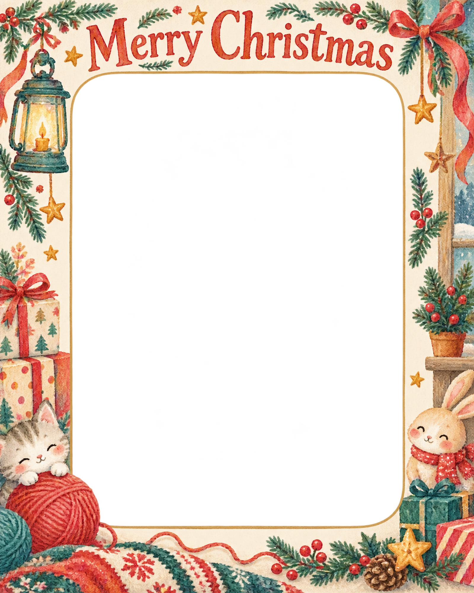 ランタンと毛糸の家族・兄弟姉妹のクリスマス写真フレーム｜プレゼントの朝・無料イラスト 99895に写真・文字を入れる