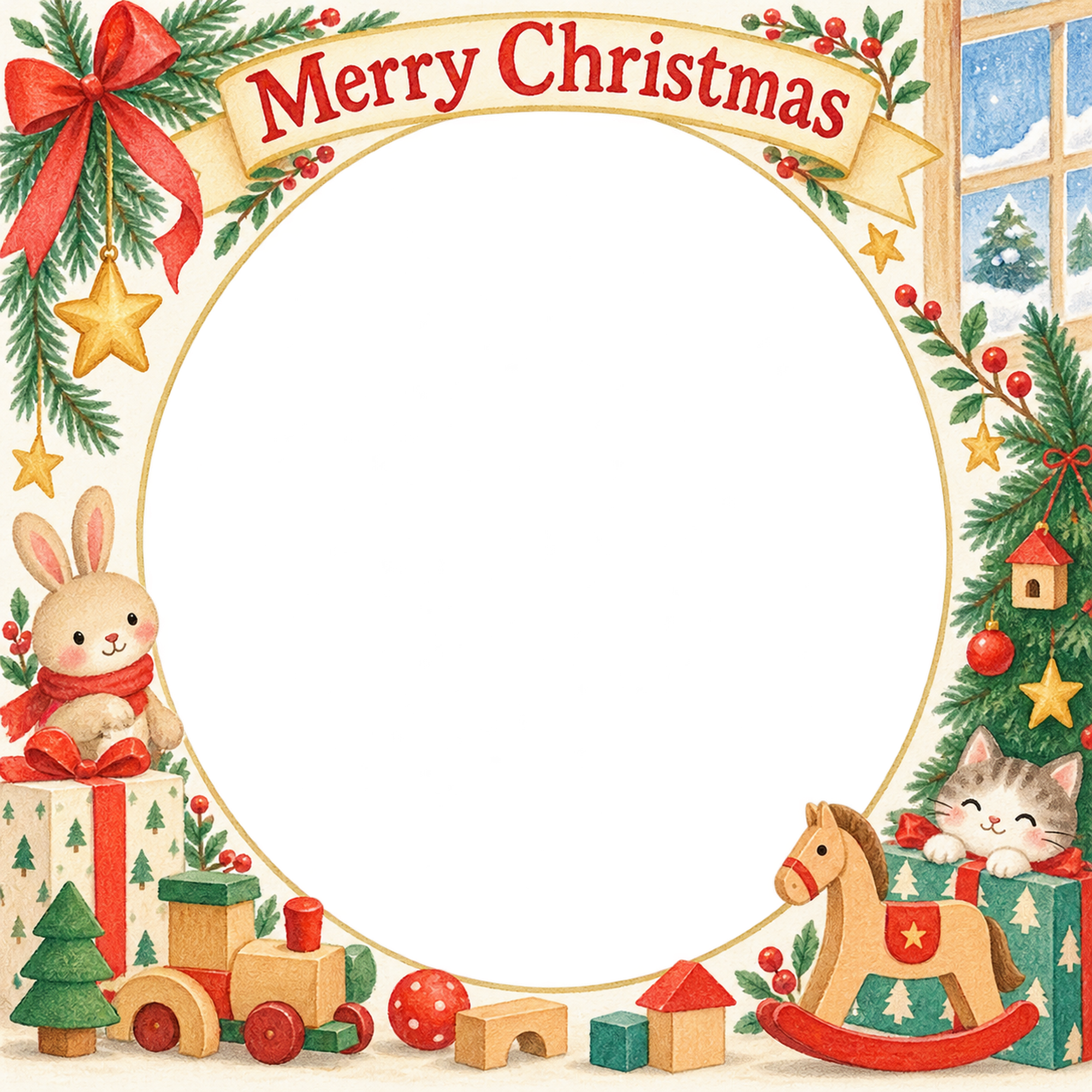 木のおもちゃの家族・兄弟姉妹のクリスマス写真フレーム｜プレゼントの朝・無料イラスト 99896に写真・文字を入れる