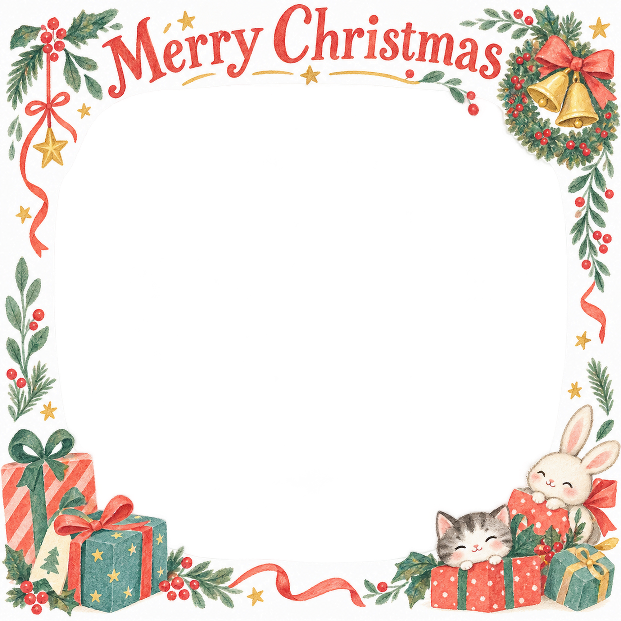 リースとベルの家族・兄弟姉妹のクリスマス写真フレーム｜プレゼントの朝・無料イラスト 99897に写真・文字を入れる