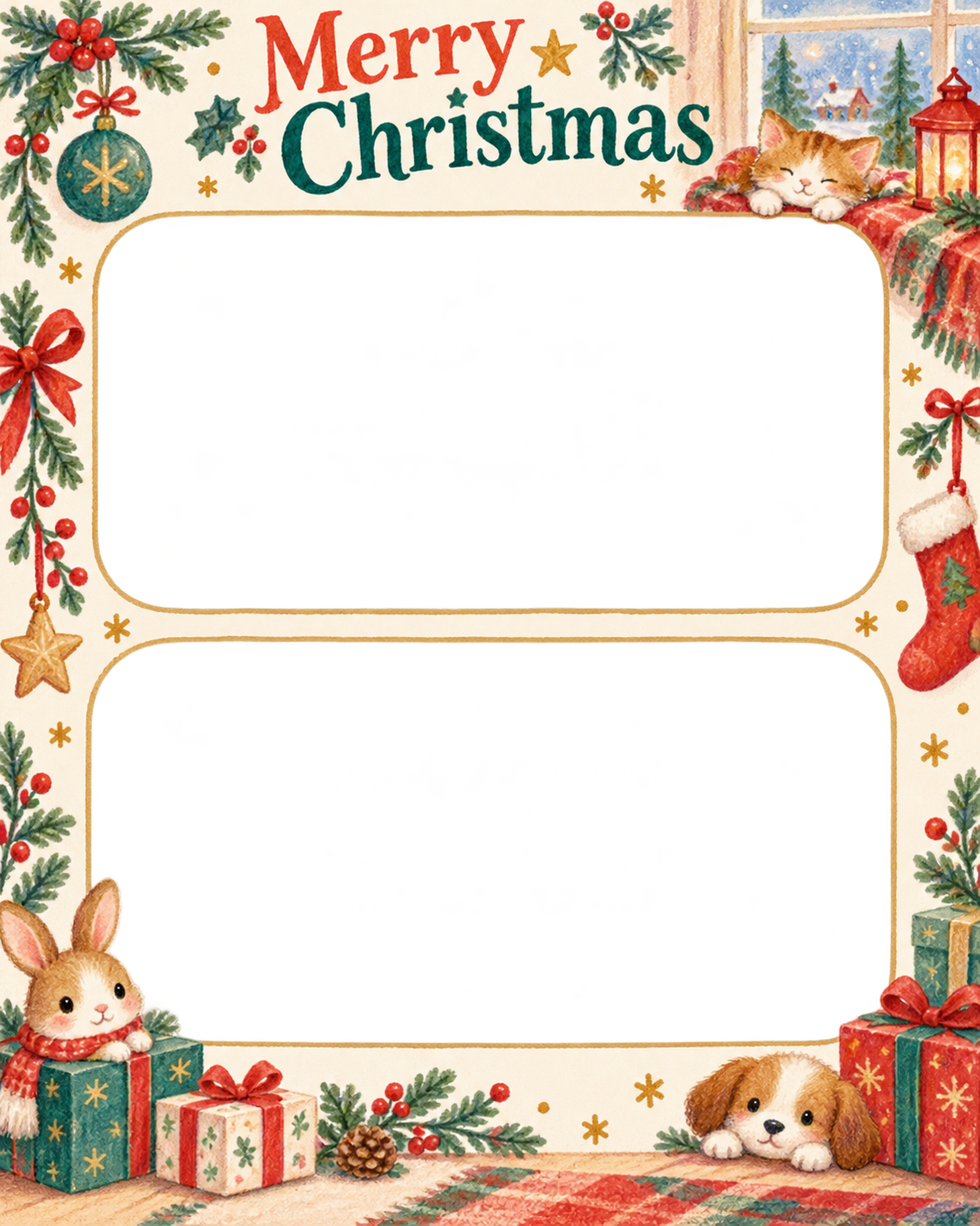 暖かな窓辺の家族・兄弟姉妹のクリスマス写真フレーム｜プレゼントの朝・無料イラスト 99899に写真・文字を入れる