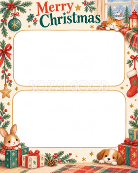 暖かな窓辺の家族・兄弟姉妹のクリスマス写真フレーム｜プレゼントの朝・無料イラスト 99899