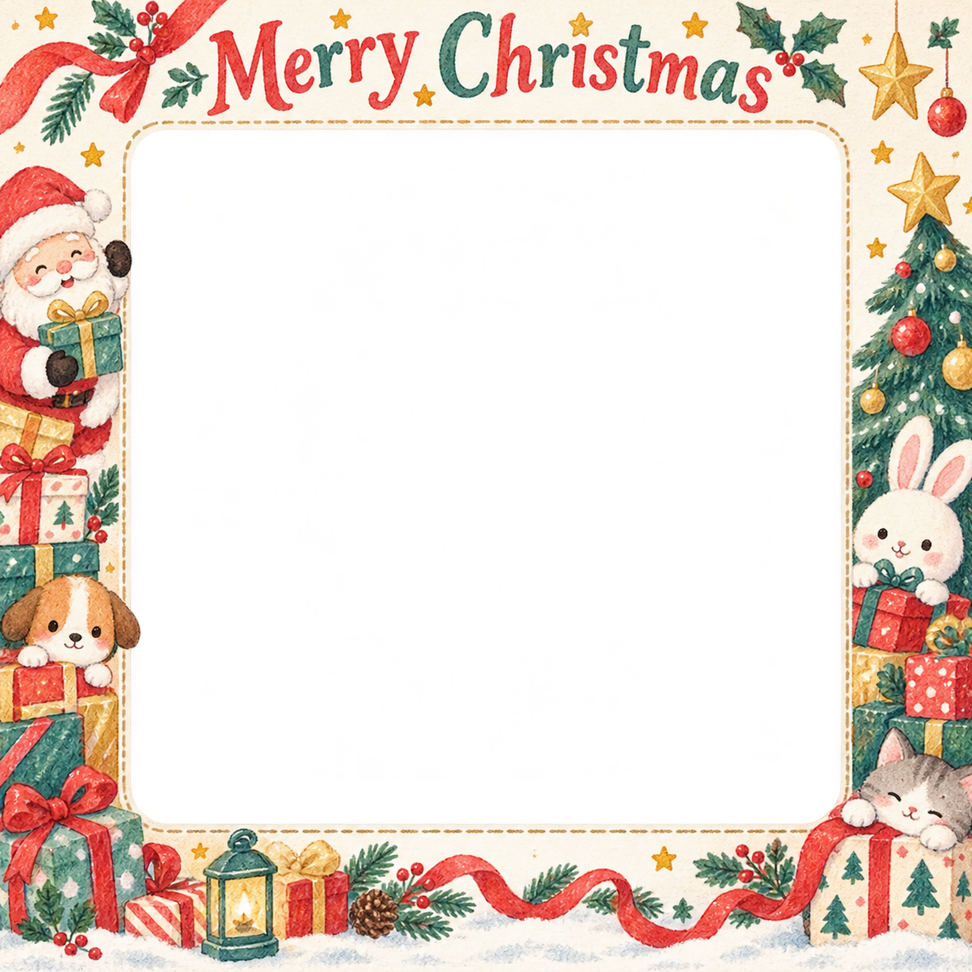 贈り物の山の家族・兄弟姉妹のクリスマス写真フレーム｜プレゼントの朝・無料イラスト 99900に写真・文字を入れる