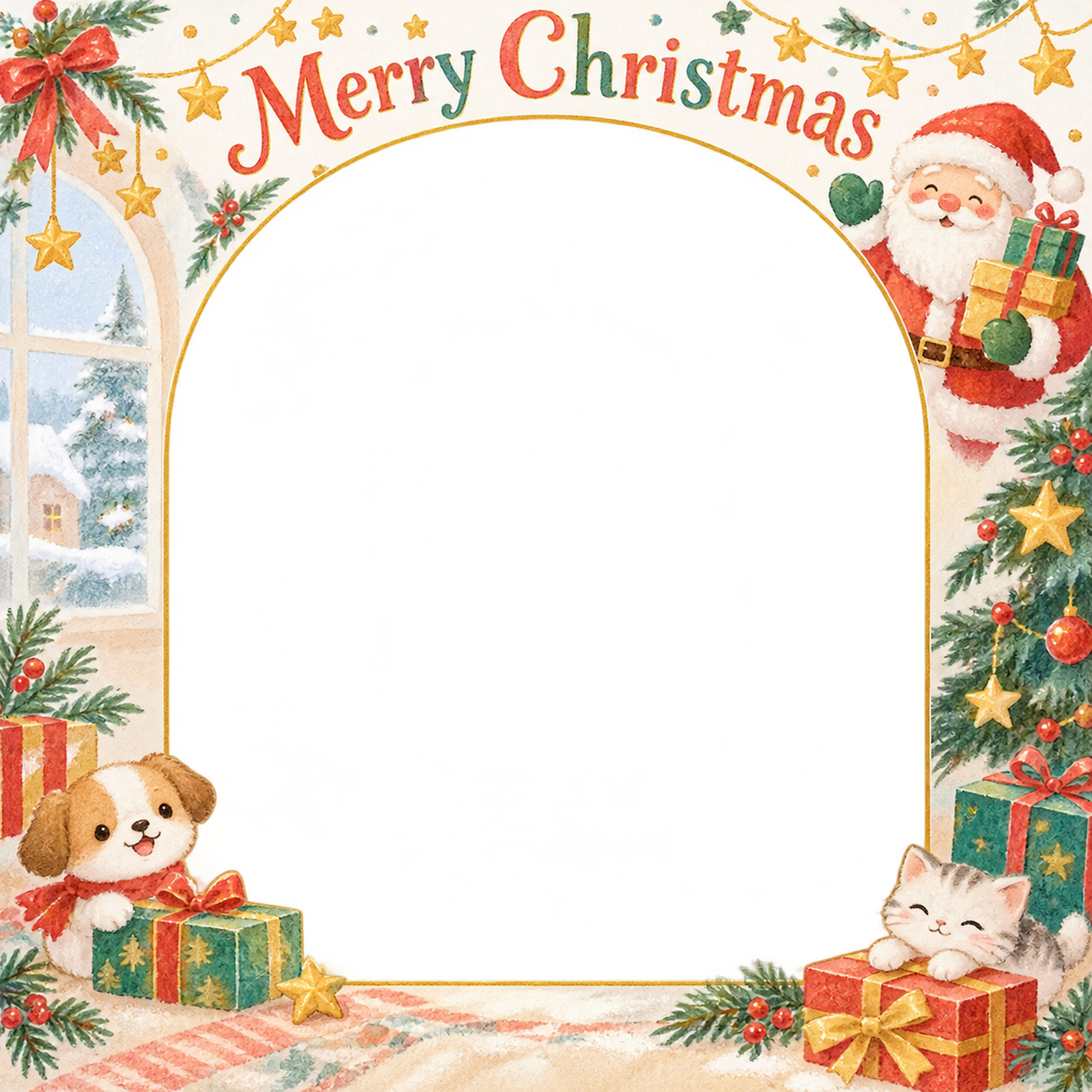 星のガーランドの家族・兄弟姉妹のクリスマス写真フレーム｜プレゼントの朝・無料イラスト 99901に写真・文字を入れる