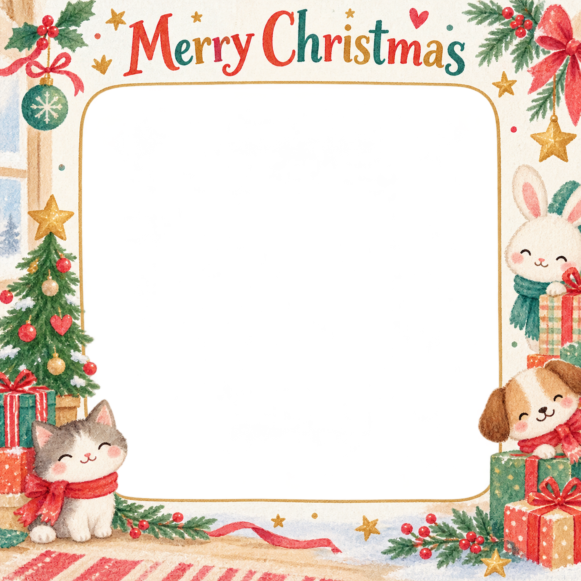 小さなクリスマスツリーの家族・兄弟姉妹のクリスマス写真フレーム｜プレゼントの朝・無料イラスト 99902に写真・文字を入れる