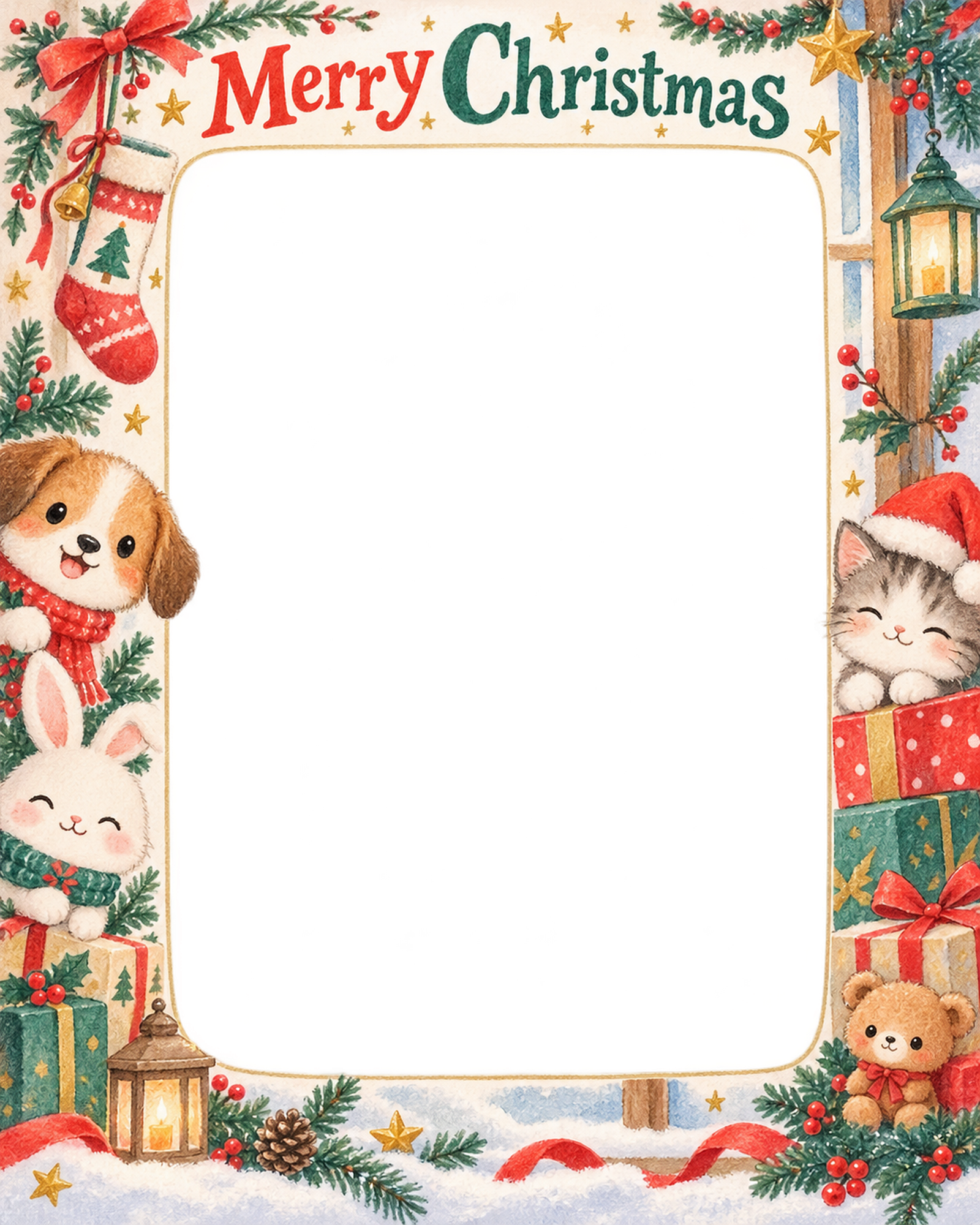 くつしたの飾りの家族・兄弟姉妹のクリスマス写真フレーム｜プレゼントの朝・無料イラスト 99903に写真・文字を入れる
