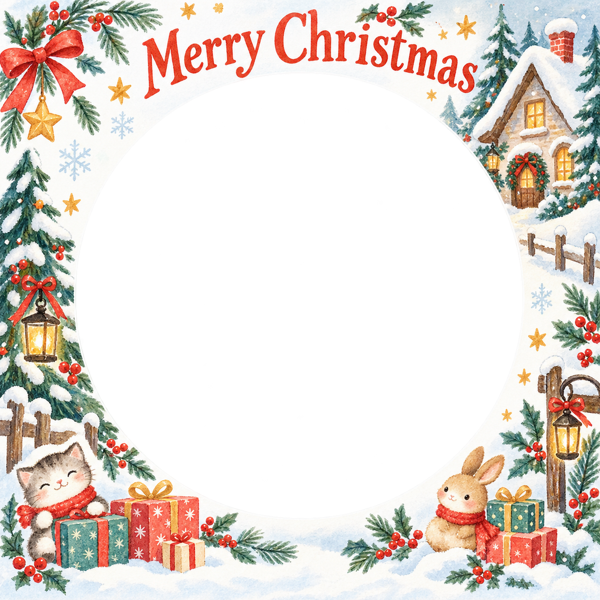 雪の家の家族・兄弟姉妹のクリスマス写真フレーム｜プレゼントの朝・無料イラスト 99904に写真・文字を入れる