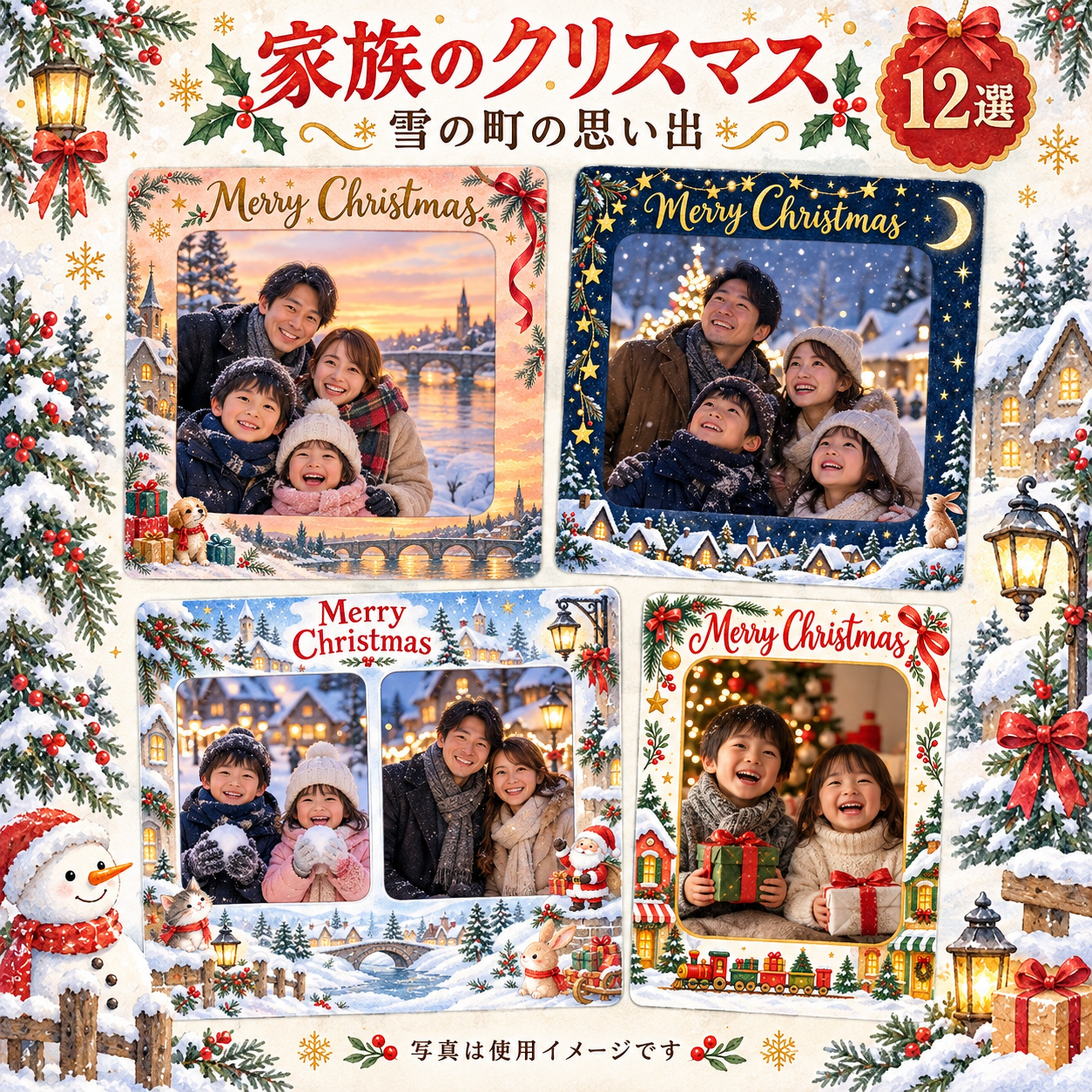 家族・兄弟姉妹のクリスマス写真フレーム12選｜雪の町の思い出の無料イラスト素材 99906に写真・文字を入れる