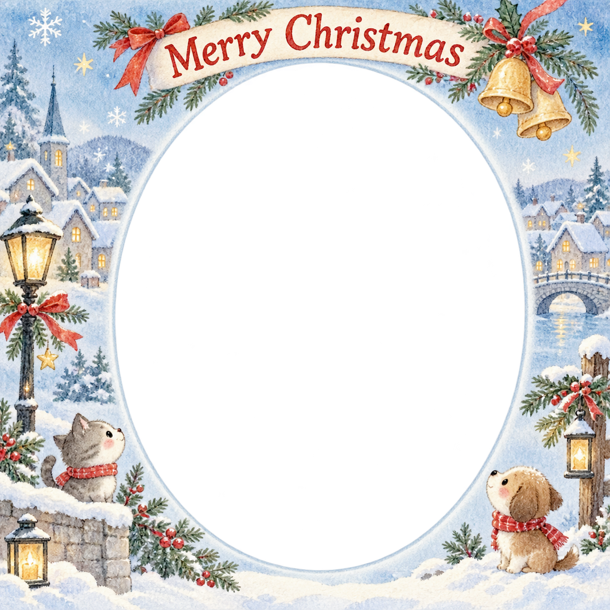 リースとベルの家族・兄弟姉妹のクリスマス写真フレーム｜雪の町の思い出・無料イラスト 99907に写真・文字を入れる