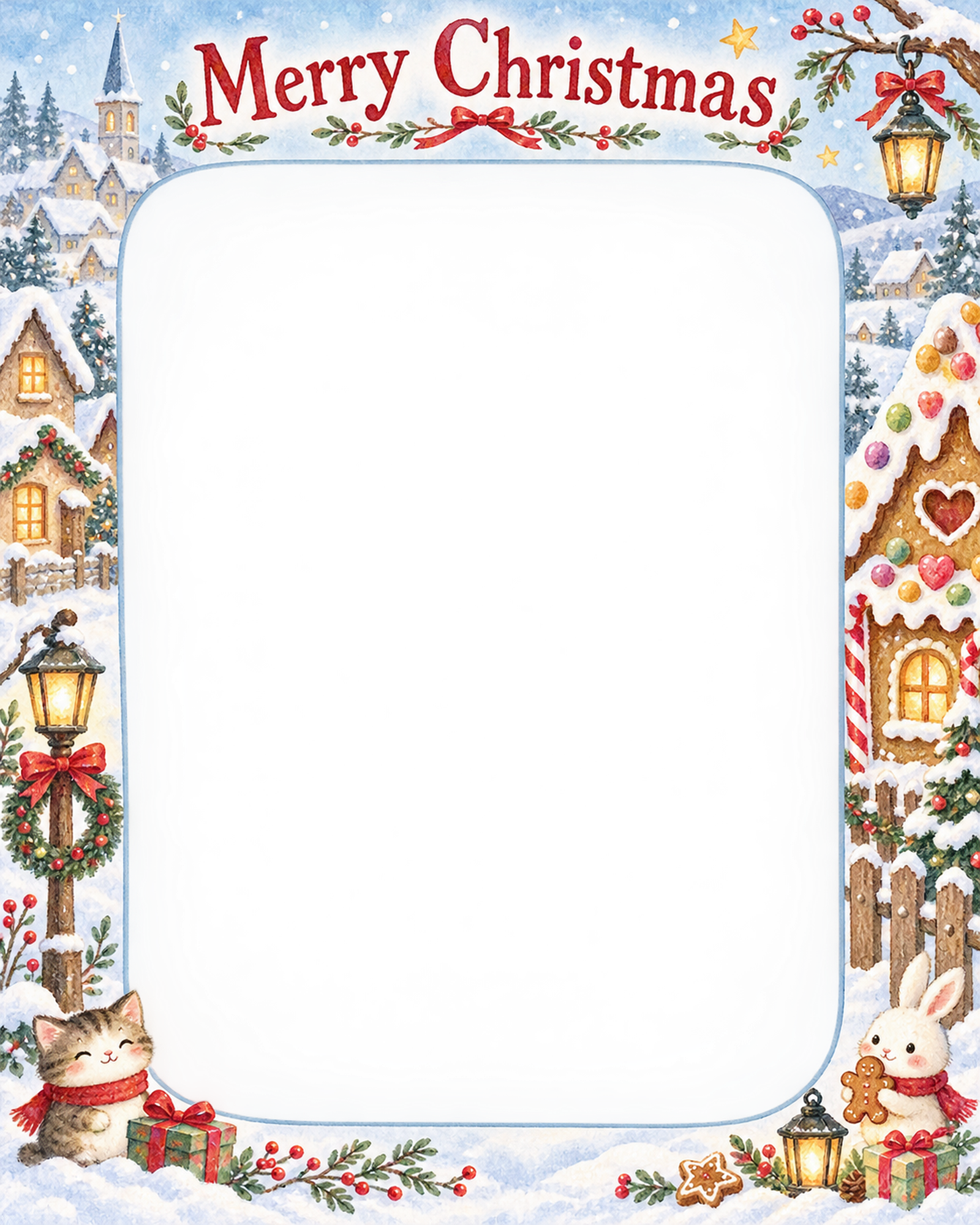 お菓子の屋根の家族・兄弟姉妹のクリスマス写真フレーム｜雪の町の思い出・無料イラスト 99908に写真・文字を入れる