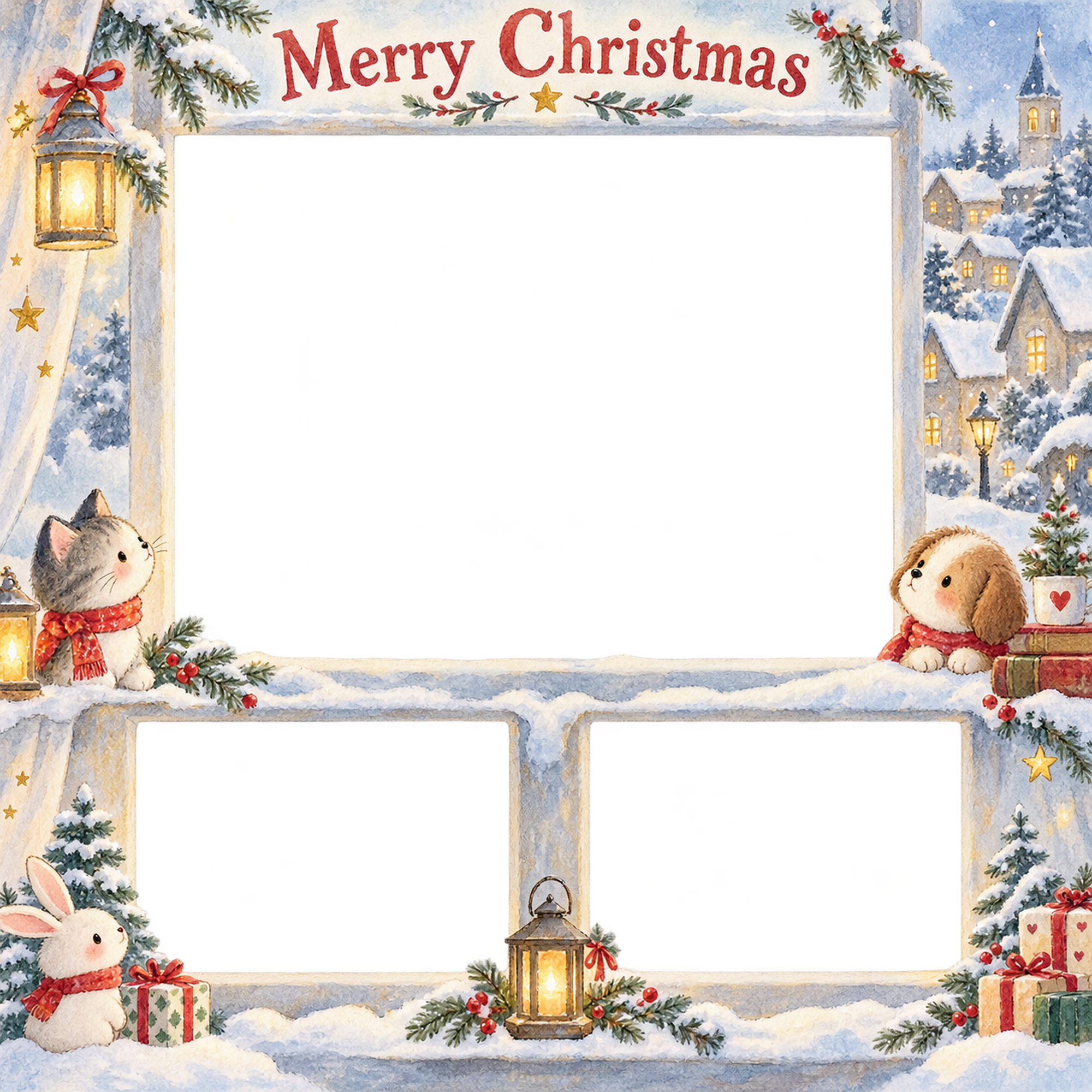 暖かな窓辺の家族・兄弟姉妹のクリスマス写真フレーム｜雪の町の思い出・無料イラスト 99909に写真・文字を入れる