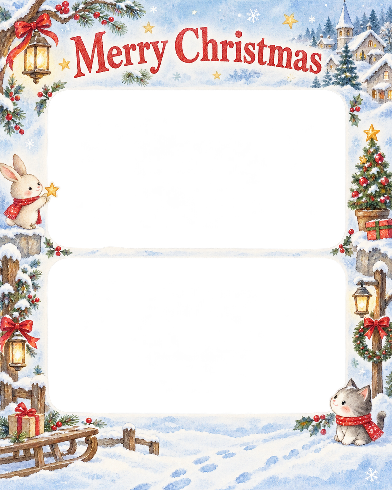 小さなクリスマスツリーの家族・兄弟姉妹のクリスマス写真フレーム｜雪の町の思い出・無料イラスト 99912に写真・文字を入れる
