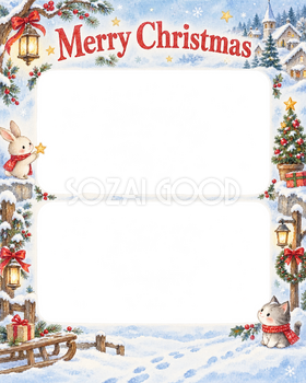 小さなクリスマスツリーの家族・兄弟姉妹のクリスマス写真フレーム｜雪の町の思い出・無料イラスト 99912
