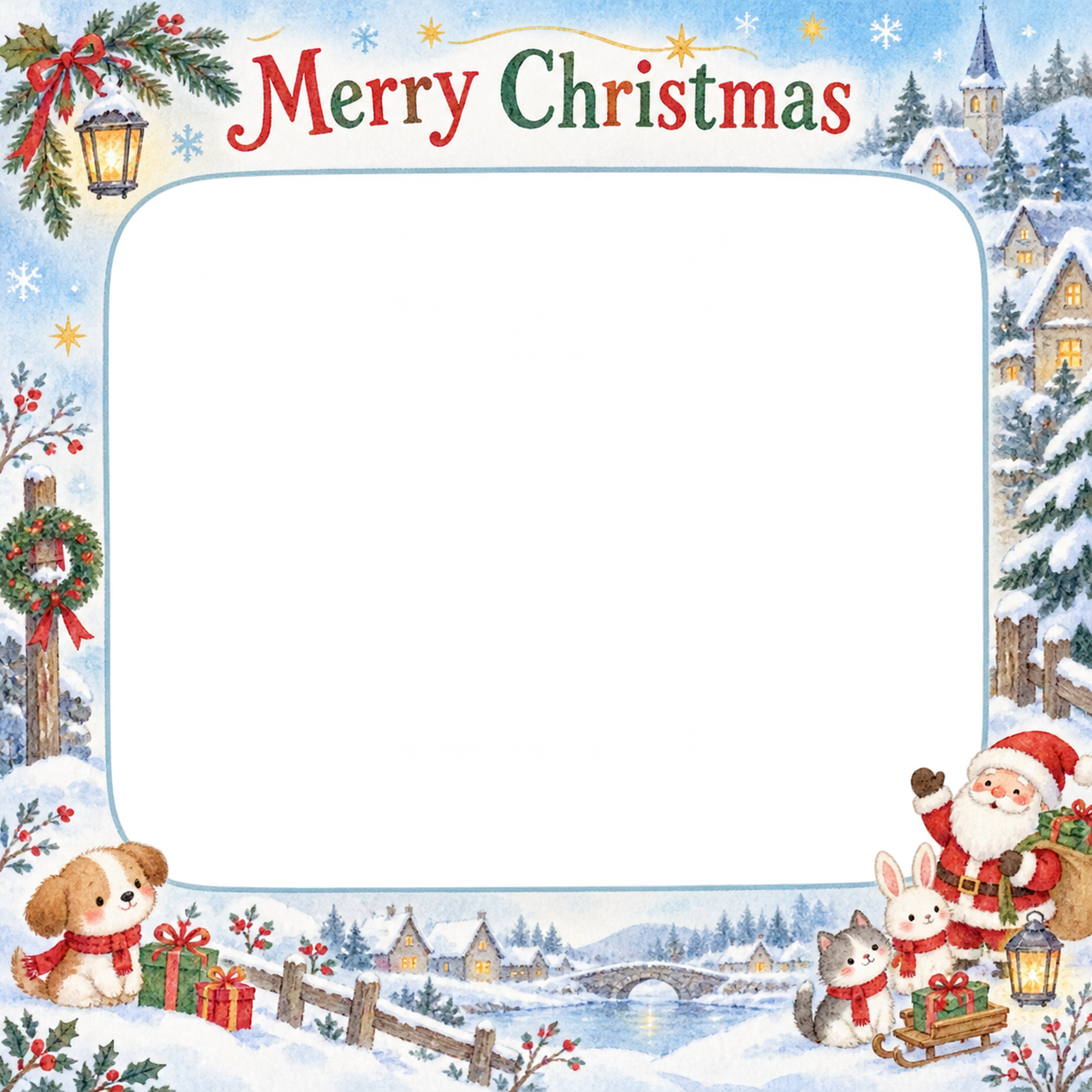 くつしたの飾りの家族・兄弟姉妹のクリスマス写真フレーム｜雪の町の思い出・無料イラスト 99913に写真・文字を入れる