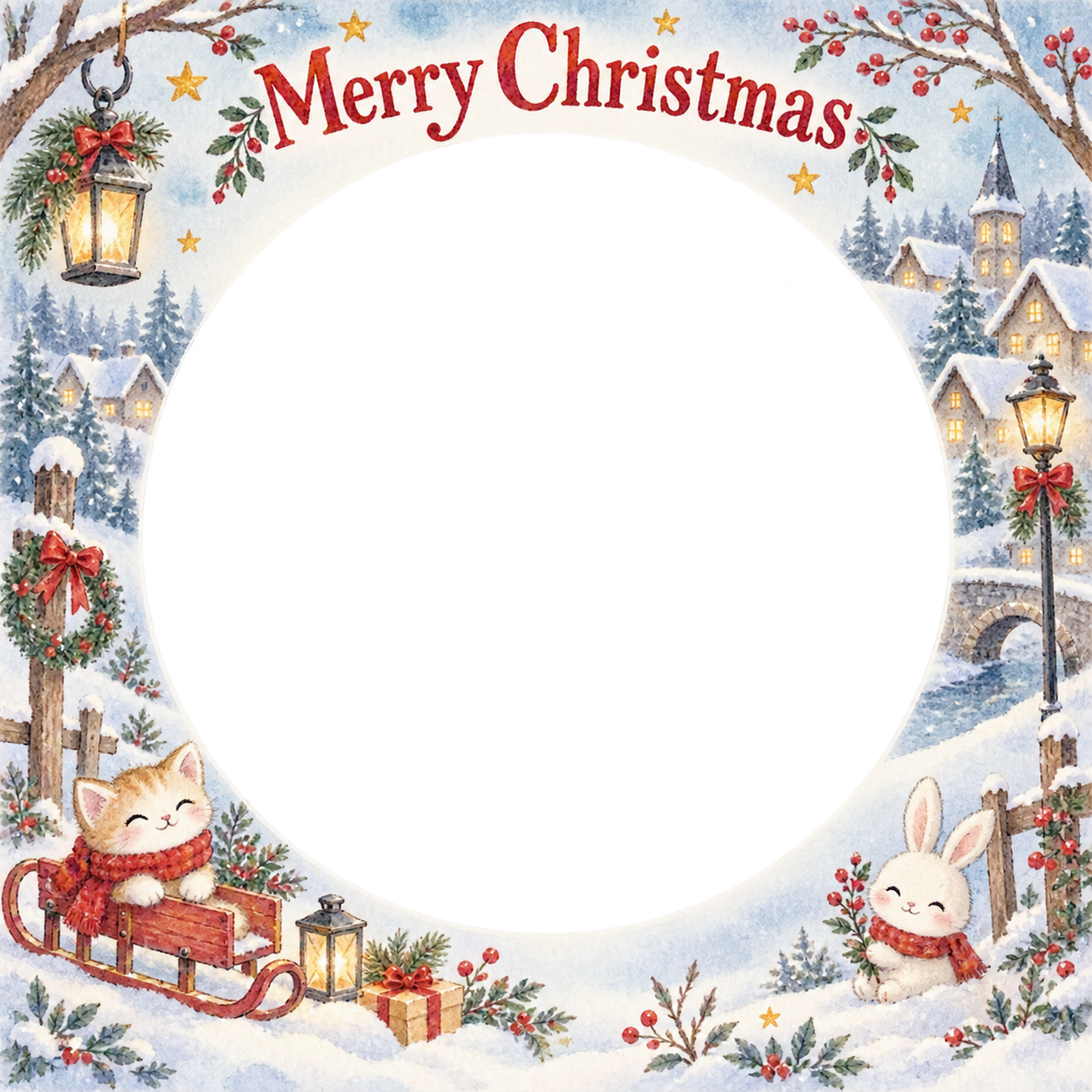 赤いそりの家族・兄弟姉妹のクリスマス写真フレーム｜雪の町の思い出・無料イラスト 99915に写真・文字を入れる