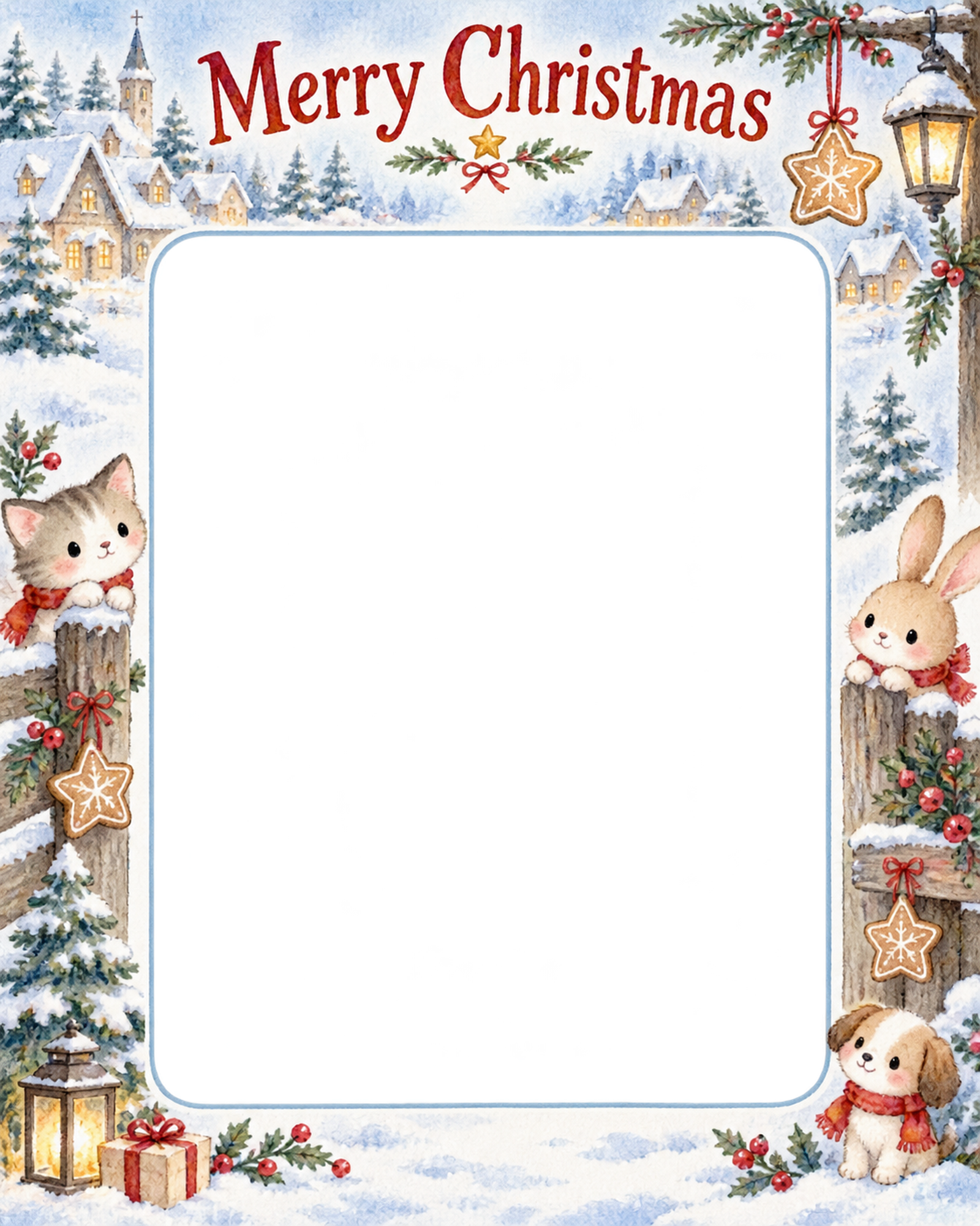 クッキーの星の家族・兄弟姉妹のクリスマス写真フレーム｜雪の町の思い出・無料イラスト 99916に写真・文字を入れる