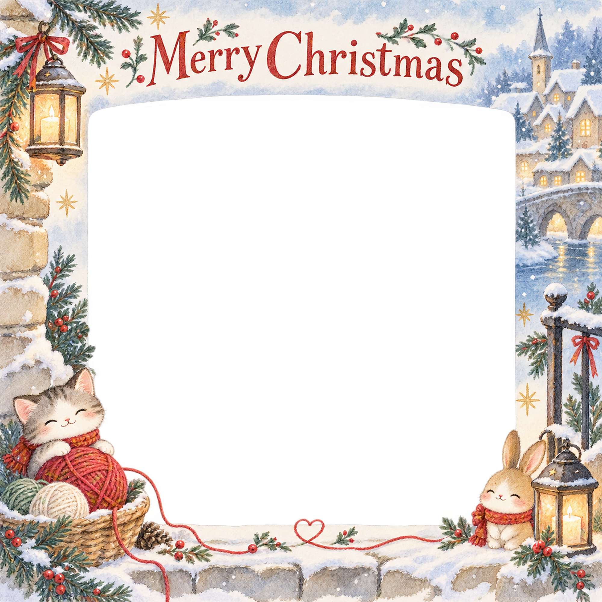 ランタンと毛糸の家族・兄弟姉妹のクリスマス写真フレーム｜雪の町の思い出・無料イラスト 99917に写真・文字を入れる