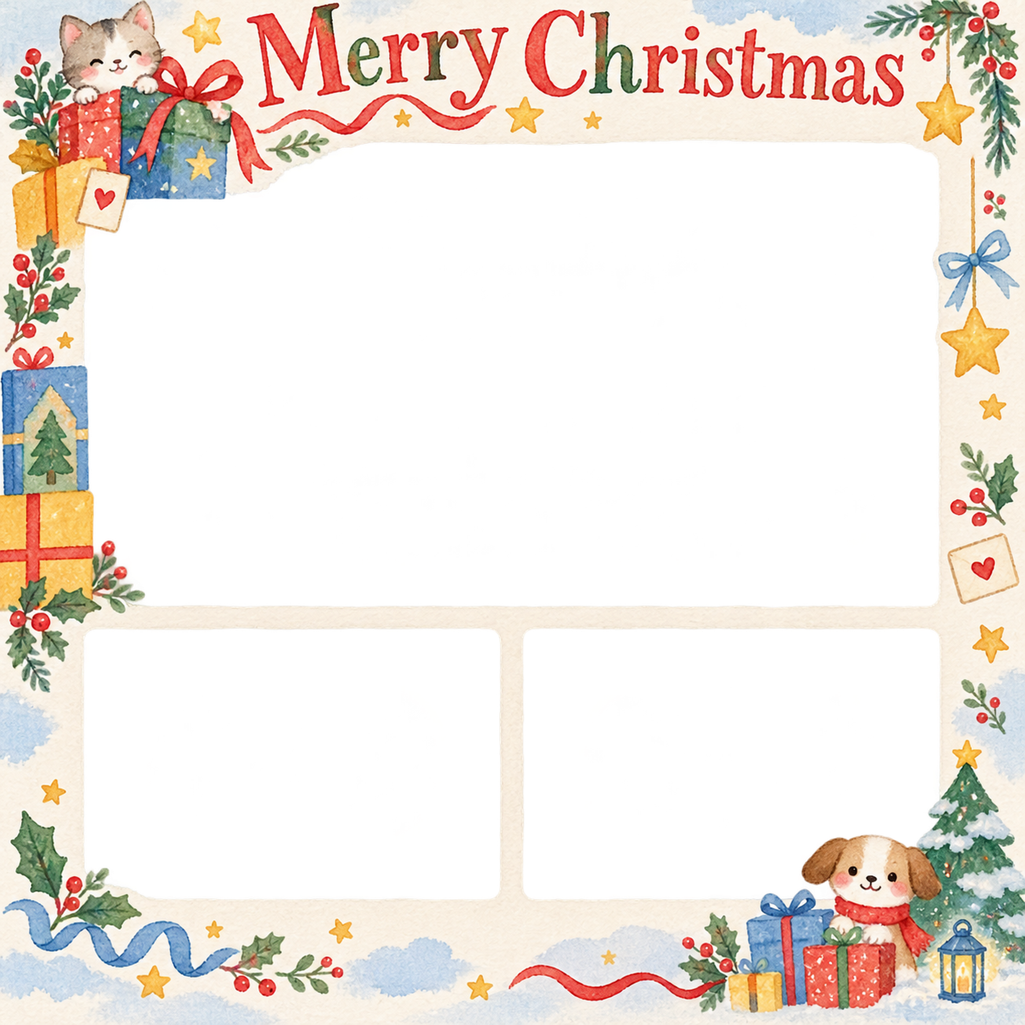 贈り物の山の家族・兄弟姉妹のクリスマス写真フレーム｜楽しい紙細工・無料イラスト 99920に写真・文字を入れる
