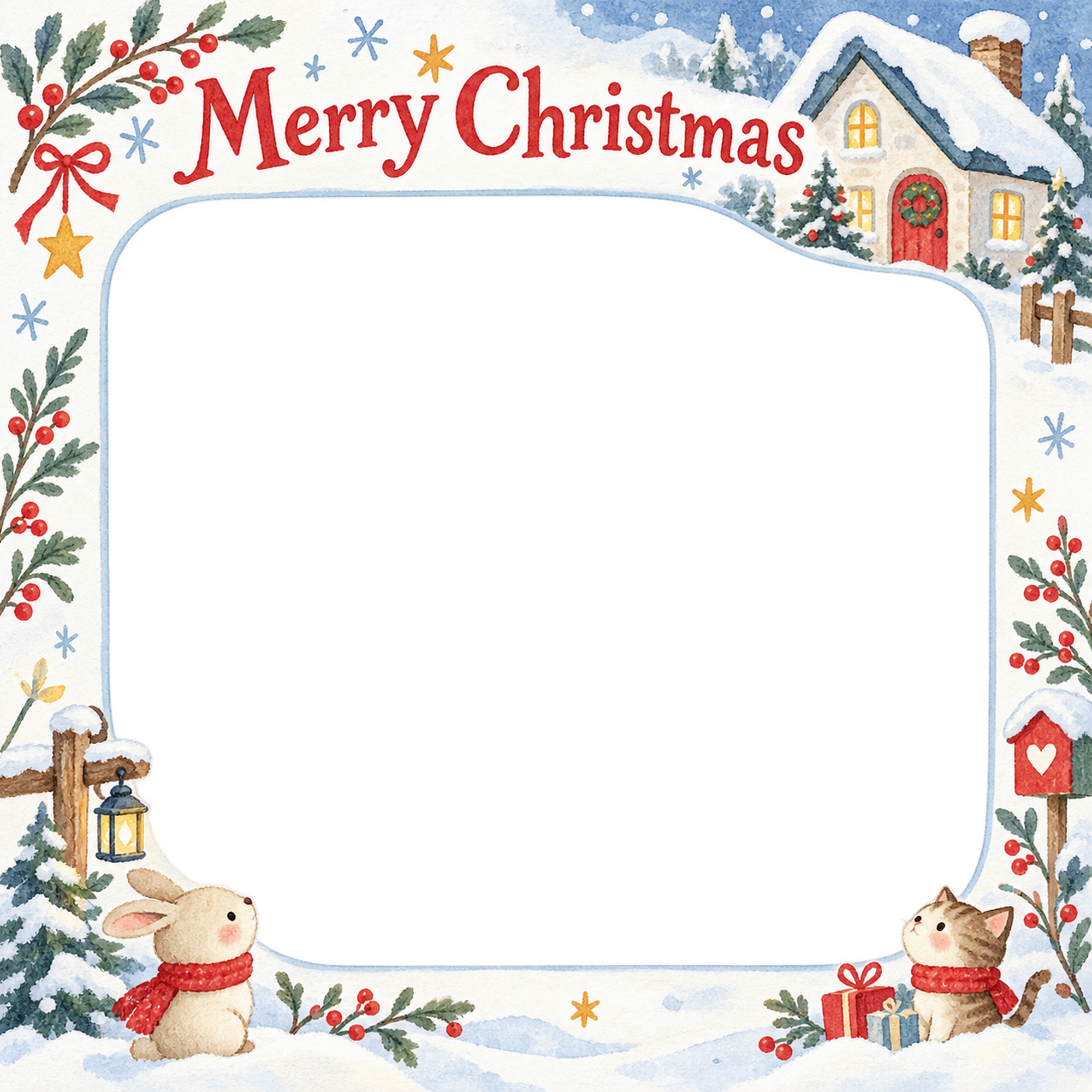 雪の家の家族・兄弟姉妹のクリスマス写真フレーム｜楽しい紙細工・無料イラスト 99924に写真・文字を入れる