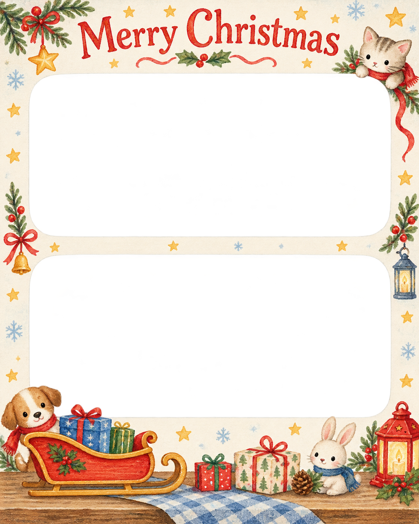 赤いそりの家族・兄弟姉妹のクリスマス写真フレーム｜楽しい紙細工・無料イラスト 99925に写真・文字を入れる