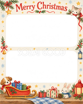 赤いそりの家族・兄弟姉妹のクリスマス写真フレーム｜楽しい紙細工・無料イラスト 99925