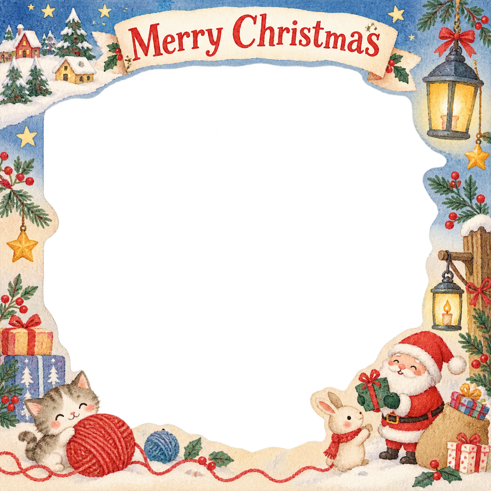 ランタンと毛糸の家族・兄弟姉妹のクリスマス写真フレーム｜楽しい紙細工・無料イラスト 99927に写真・文字を入れる