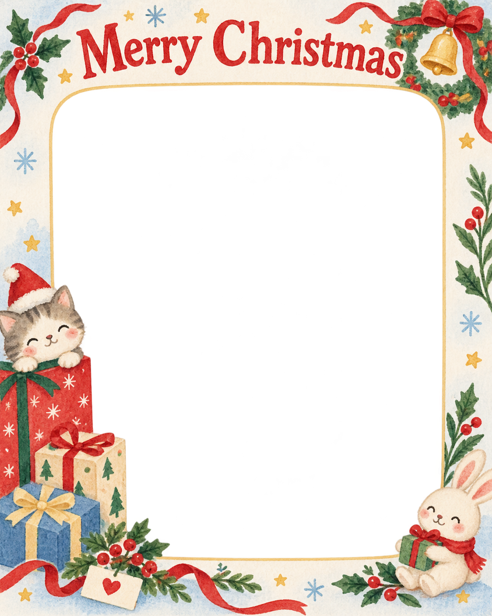リースとベルの家族・兄弟姉妹のクリスマス写真フレーム｜楽しい紙細工・無料イラスト 99929に写真・文字を入れる