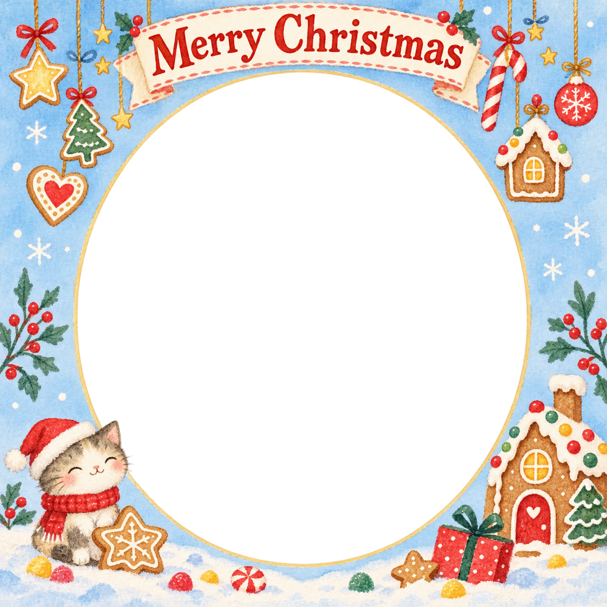 お菓子の屋根の家族・兄弟姉妹のクリスマス写真フレーム｜楽しい紙細工・無料イラスト 99930に写真・文字を入れる