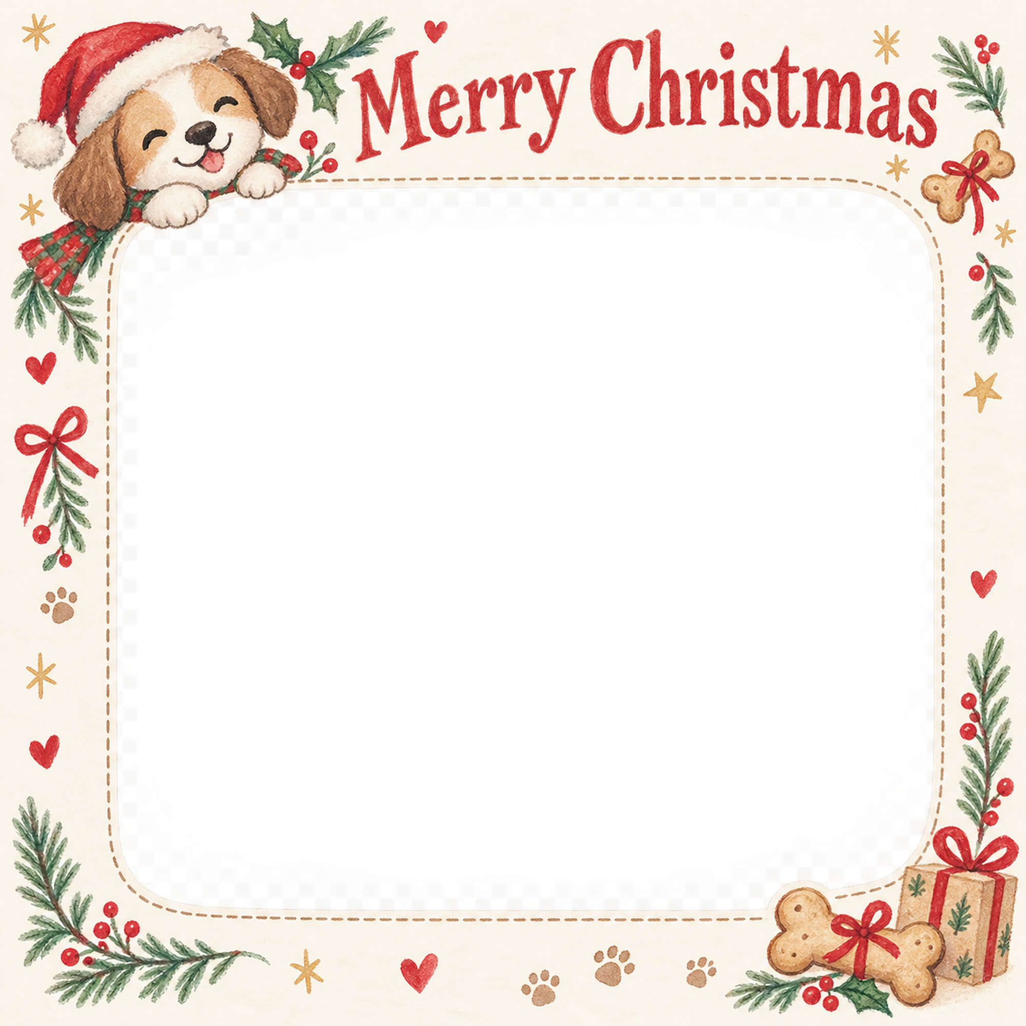 骨形クッキーの犬・猫のクリスマス写真フレーム｜犬とおやつ・無料イラスト 99933に写真・文字を入れる