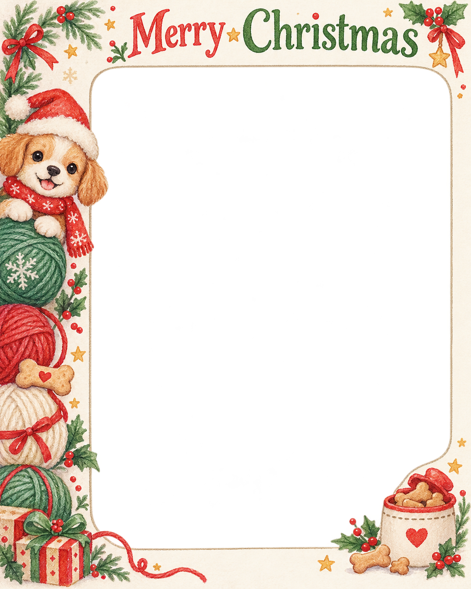 子犬と毛糸玉の犬・猫のクリスマス写真フレーム｜犬とおやつ・無料イラスト 99934に写真・文字を入れる
