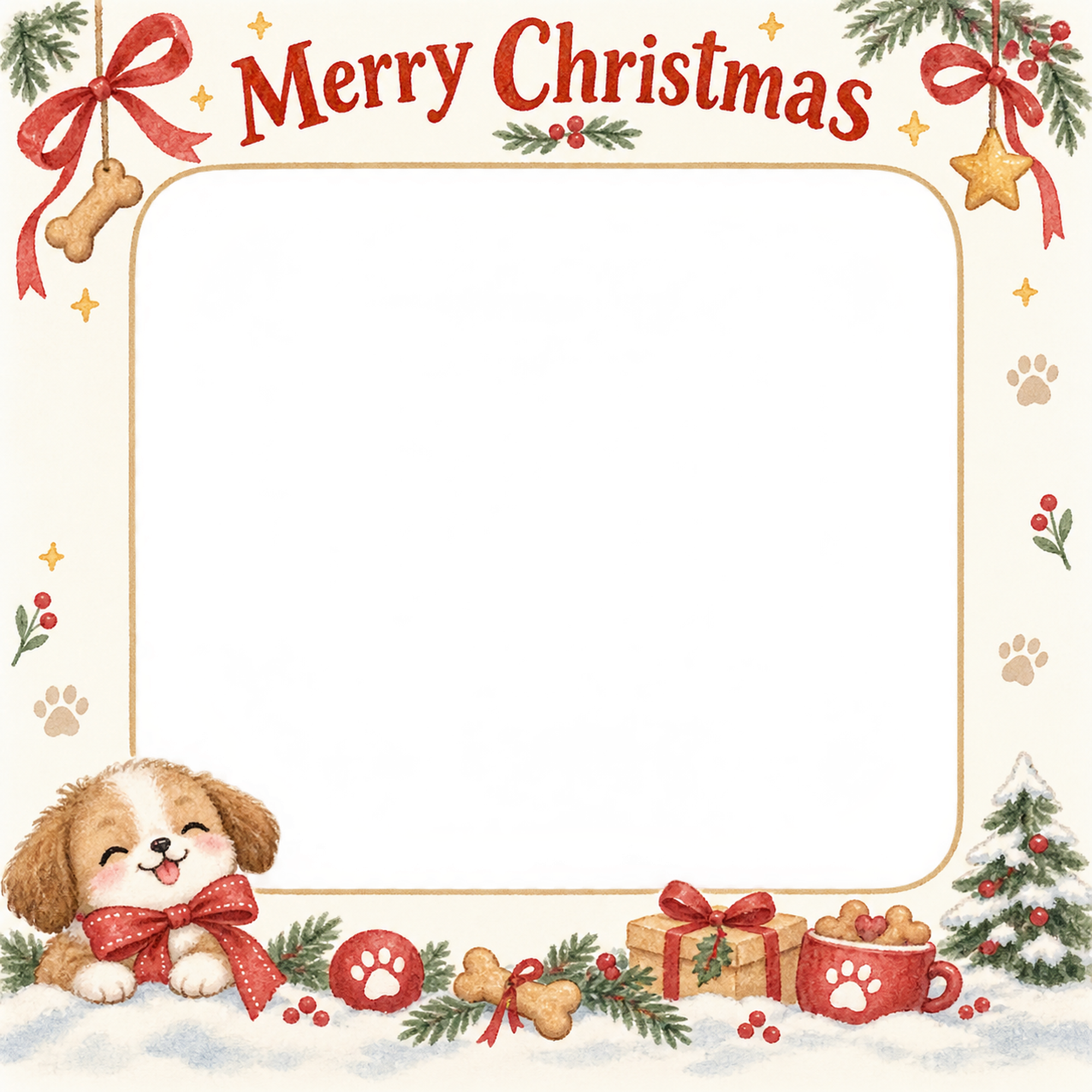 肉球とリボンの犬・猫のクリスマス写真フレーム｜犬とおやつ・無料イラスト 99935に写真・文字を入れる