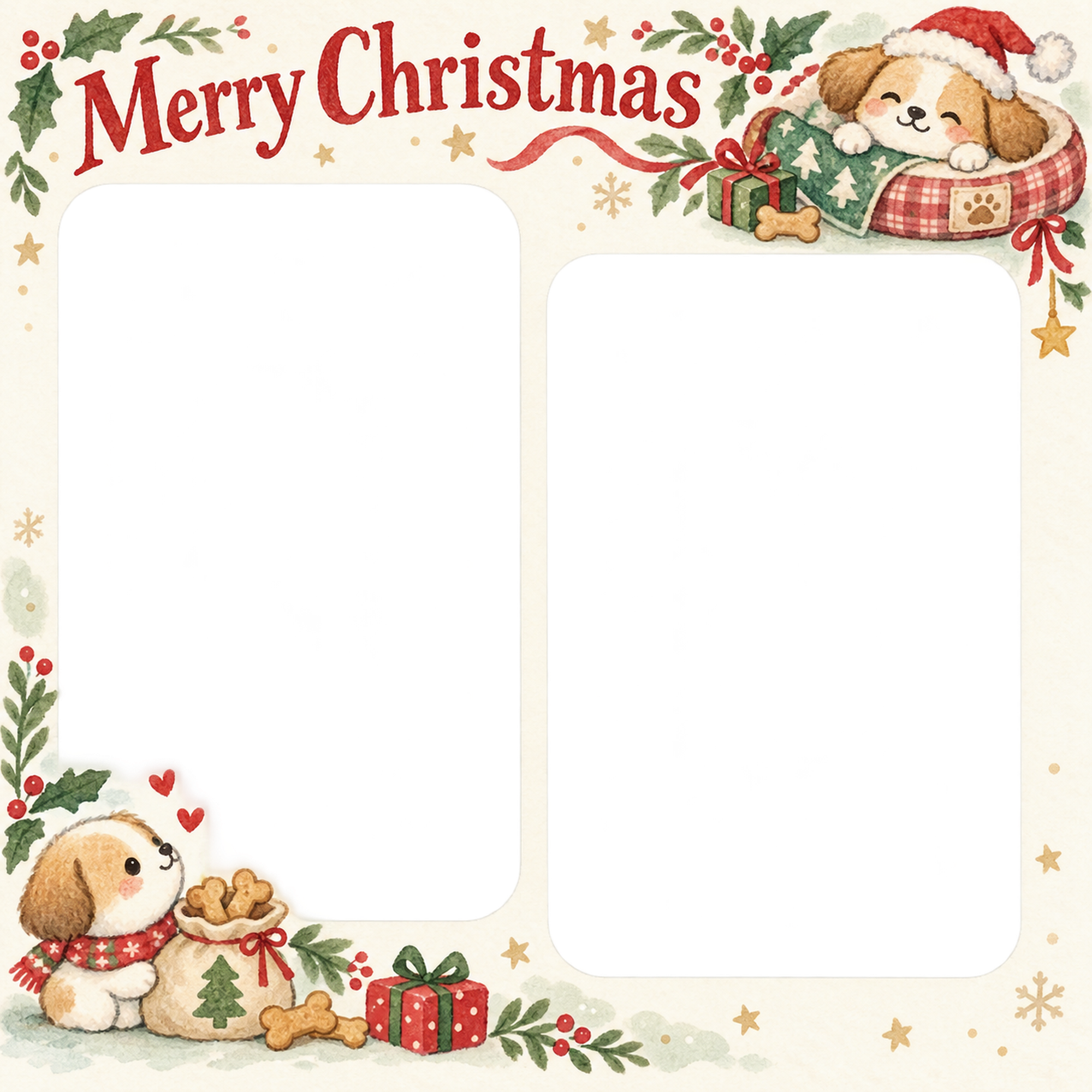 ちいさなペット用ベッドの犬・猫のクリスマス写真フレーム｜犬とおやつ・無料イラスト 99936に写真・文字を入れる