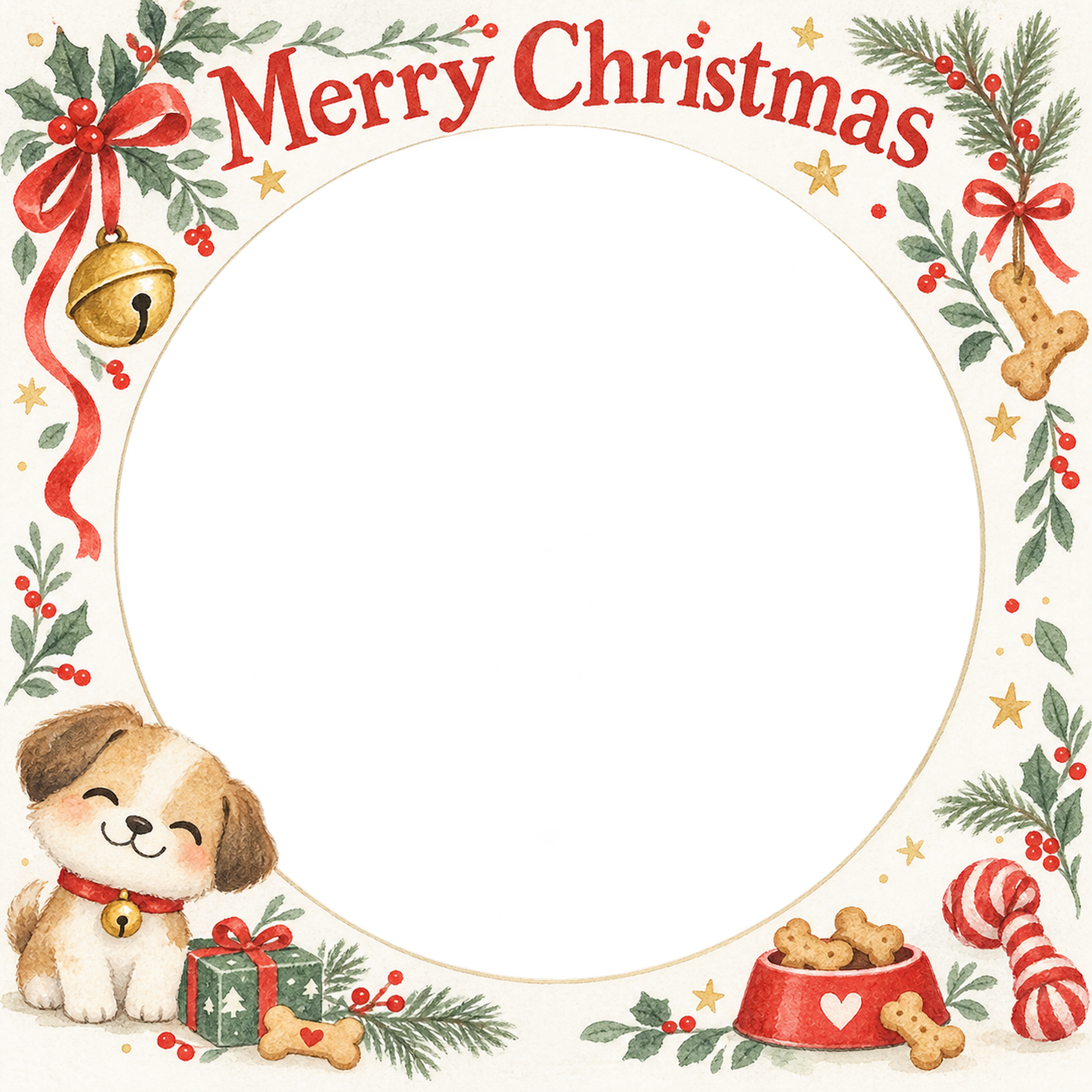 鈴と首輪の犬・猫のクリスマス写真フレーム｜犬とおやつ・無料イラスト 99937に写真・文字を入れる