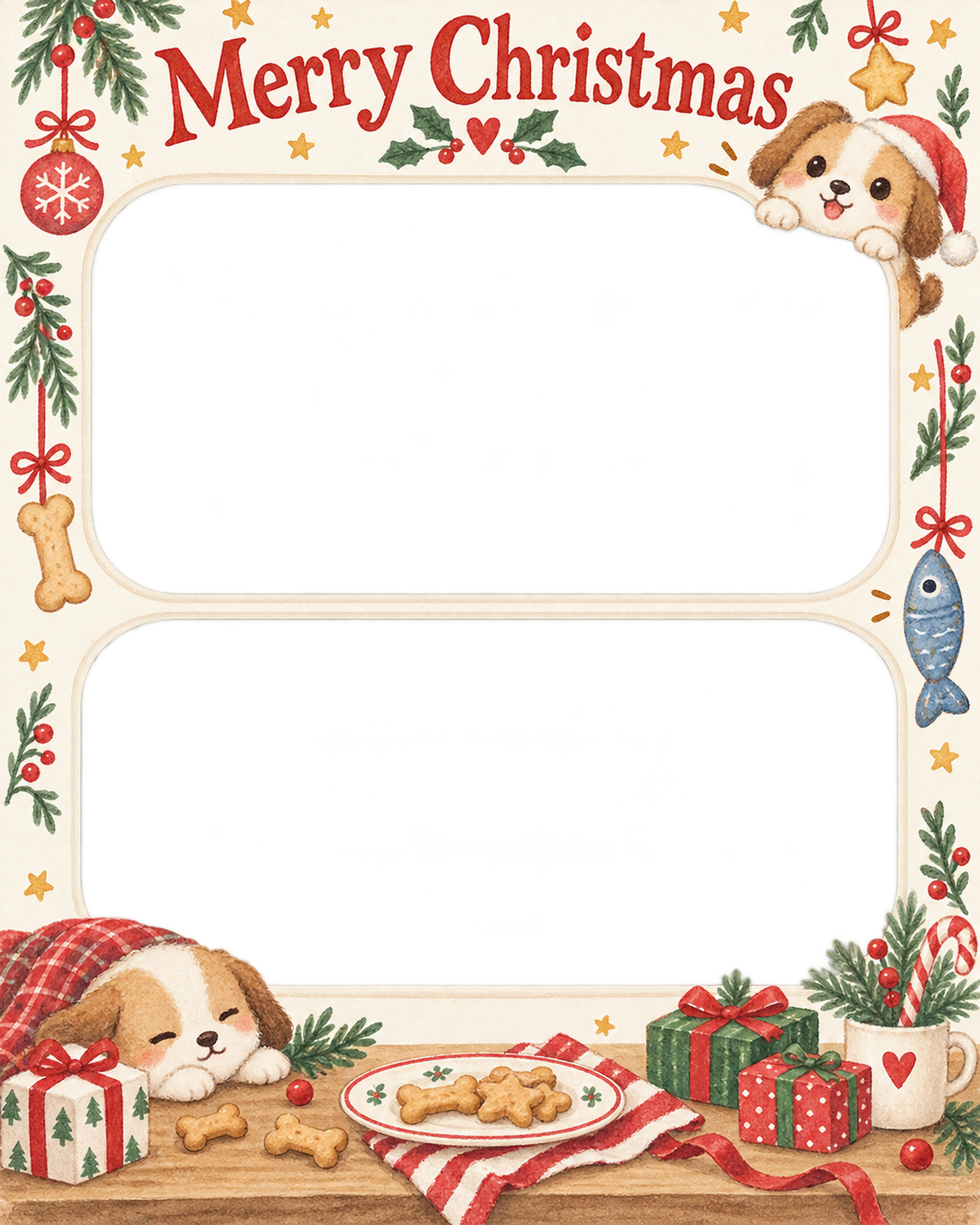 魚形のおもちゃの犬・猫のクリスマス写真フレーム｜犬とおやつ・無料イラスト 99938に写真・文字を入れる