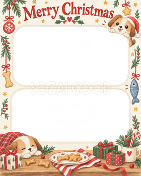 魚形のおもちゃの犬・猫のクリスマス写真フレーム｜犬とおやつ・無料イラスト 99938