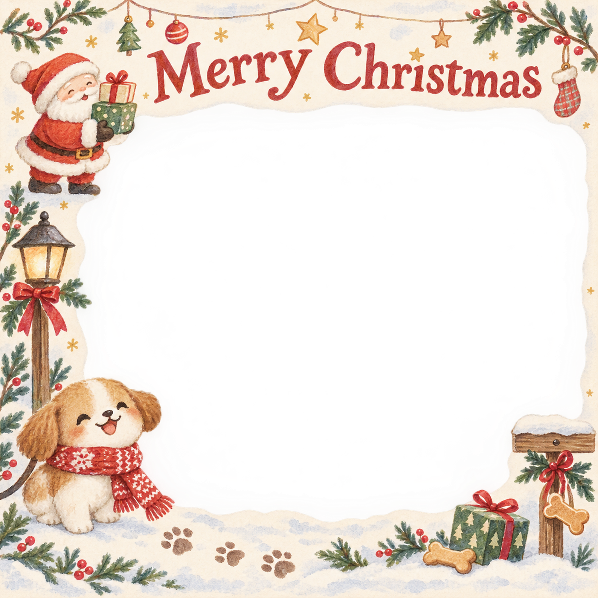 お散歩のマフラーの犬・猫のクリスマス写真フレーム｜犬とおやつ・無料イラスト 99939に写真・文字を入れる