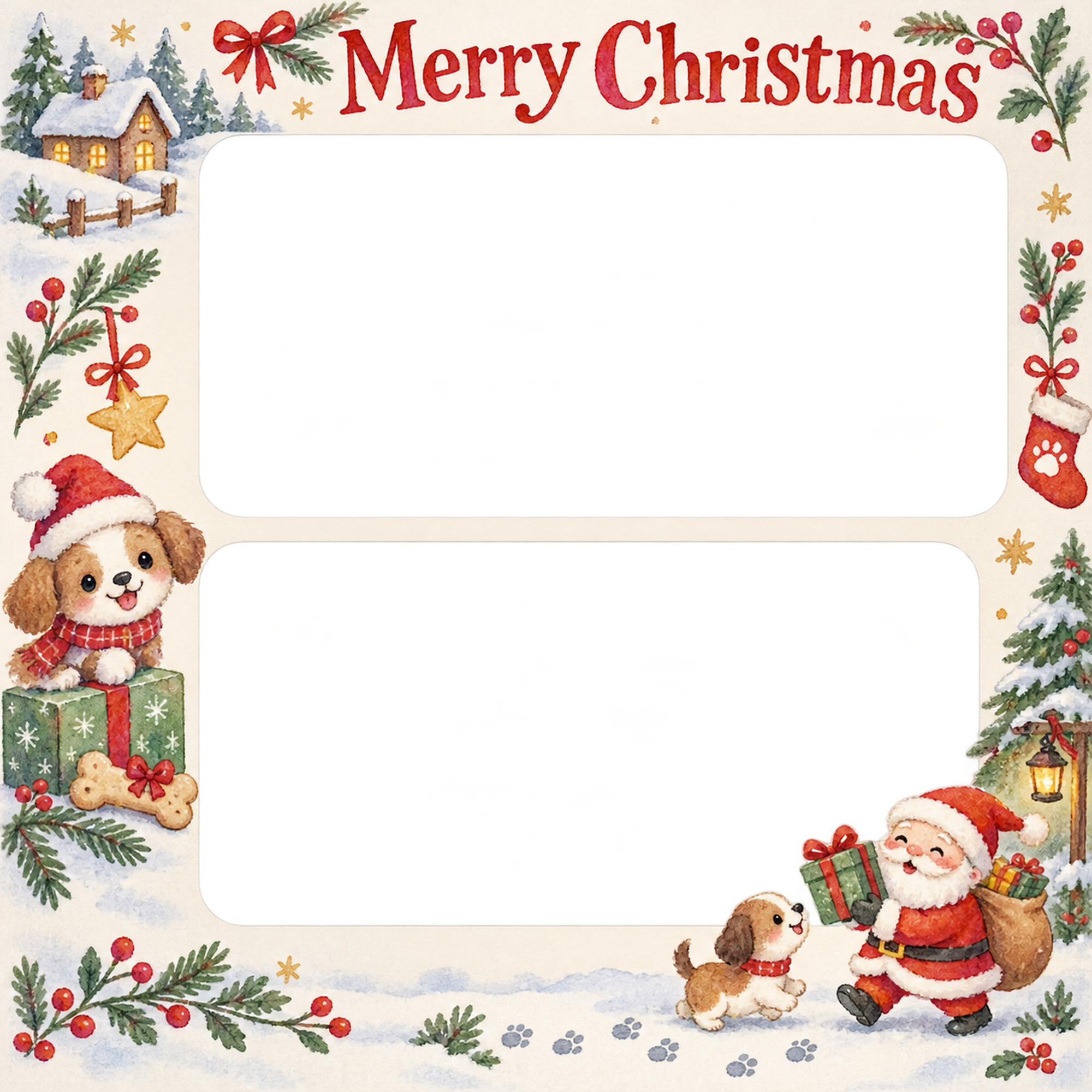 贈り物の箱の犬・猫のクリスマス写真フレーム｜犬とおやつ・無料イラスト 99940に写真・文字を入れる