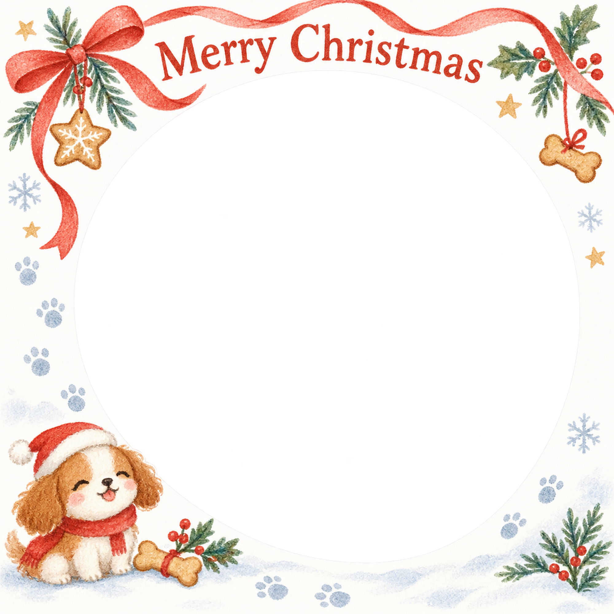 雪の足あとの犬・猫のクリスマス写真フレーム｜犬とおやつ・無料イラスト 99941に写真・文字を入れる
