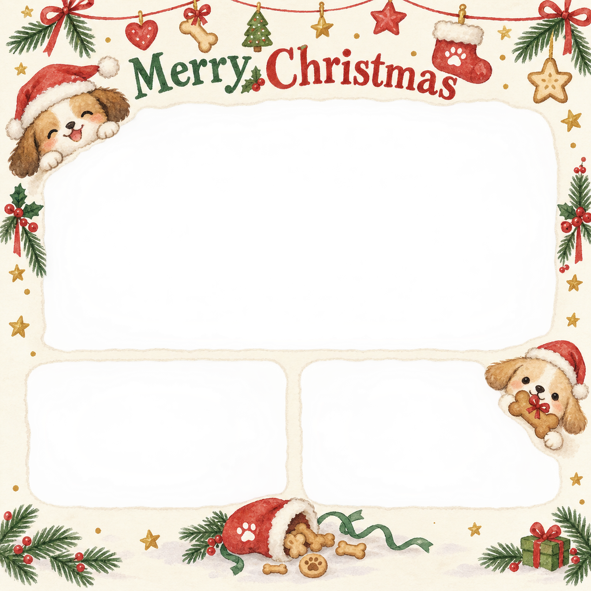 おやつのくつしたの犬・猫のクリスマス写真フレーム｜犬とおやつ・無料イラスト 99943に写真・文字を入れる